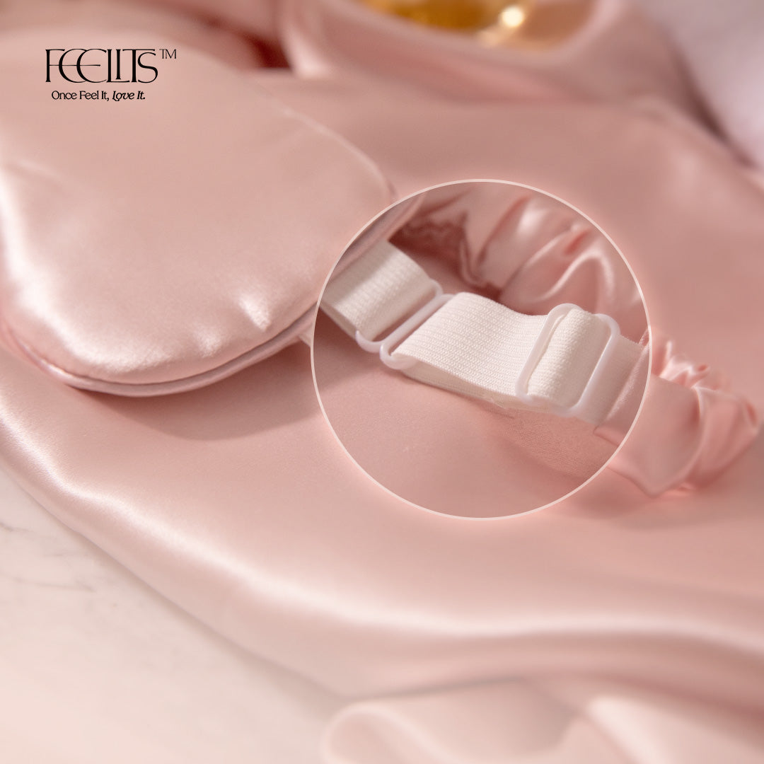 SM01 22-Momme Mulberry Silk Sleep Eye Mask with 100% 6A mulberry silk and adjustable fit A+ content showing silk benefits | FEELITS