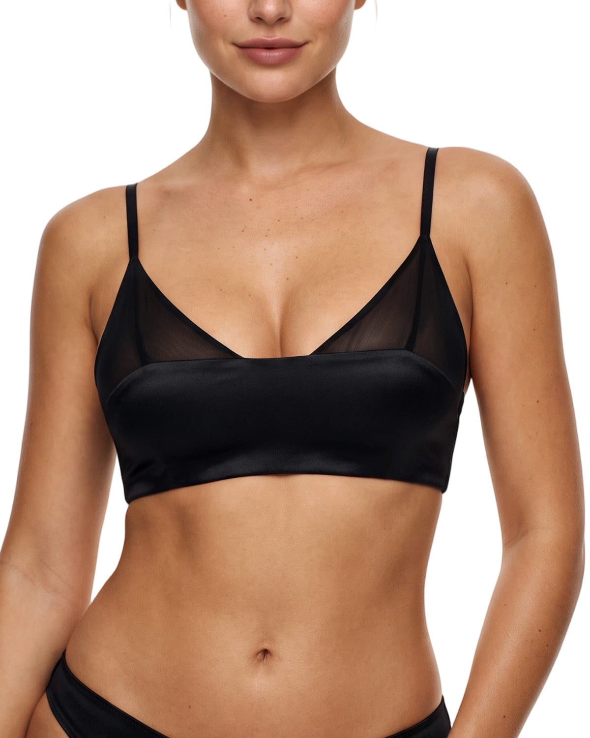 Model wearing the BRA15 black mulberry silk square-neck bralette, front view | FEELITS