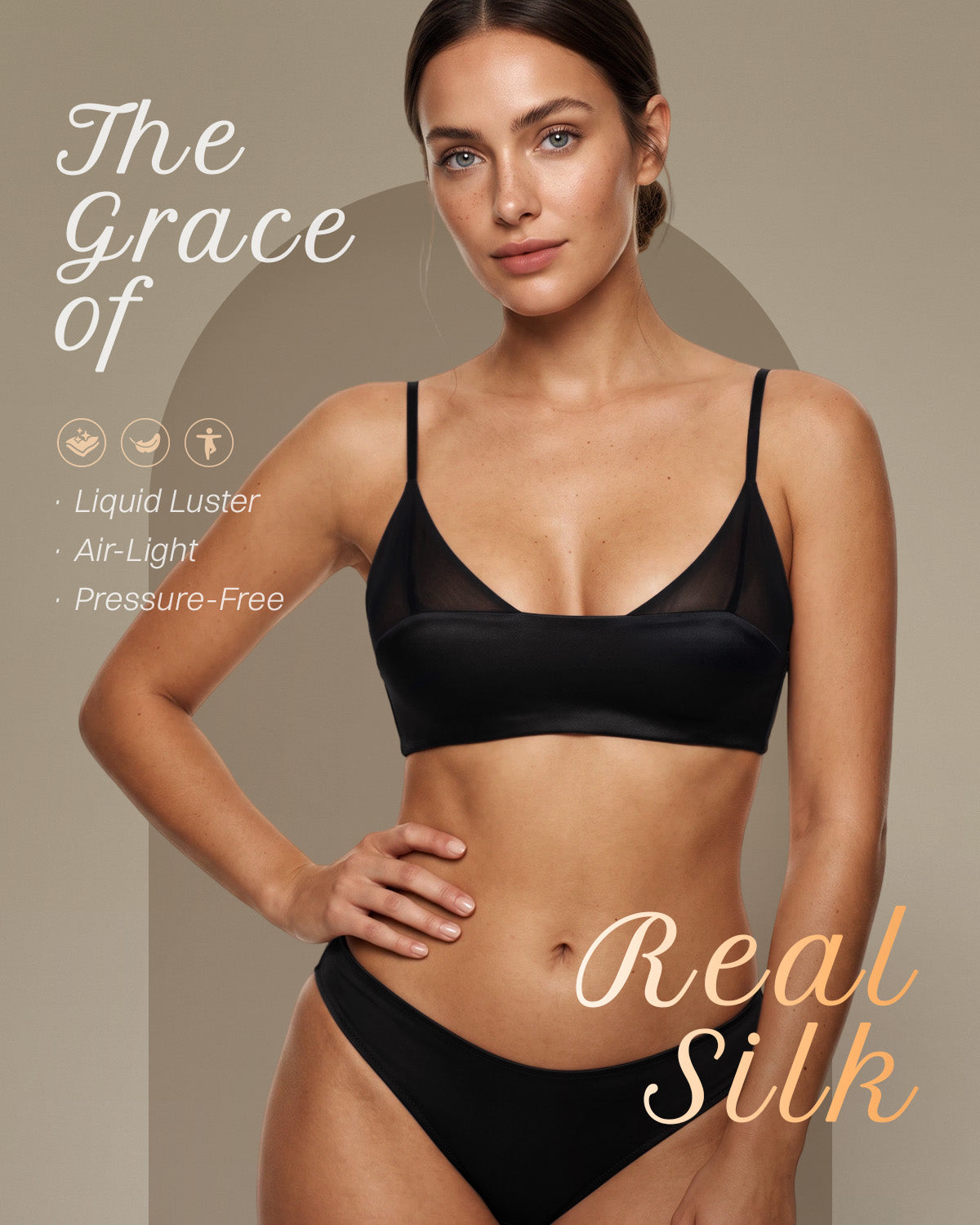 Model wearing the black BRA15 wire-free silk bralette in a lifestyle view | FEELITS