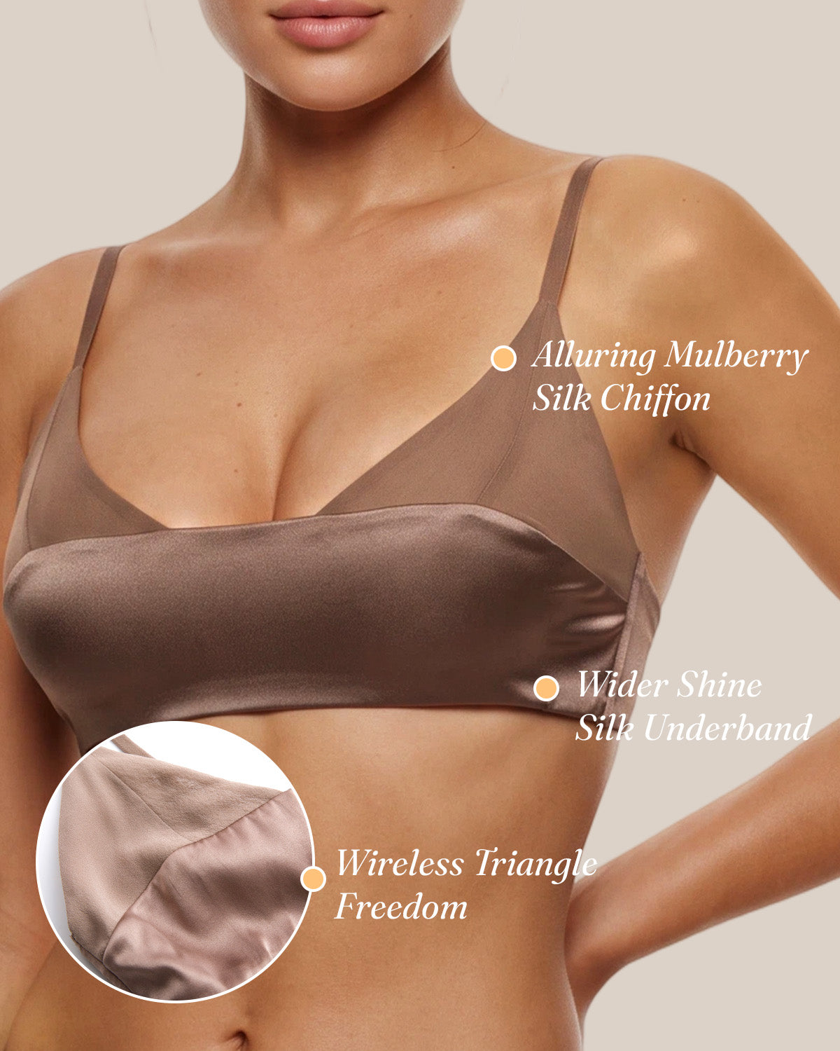 Front detail of the taupe BRA15 bralette with silk chiffon, wide underband and wire-free cups | FEELITS