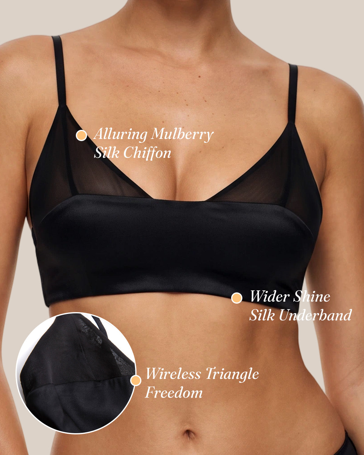 Front detail of the black BRA15 bralette with silk chiffon, wide underband and wire-free cups | FEELITS