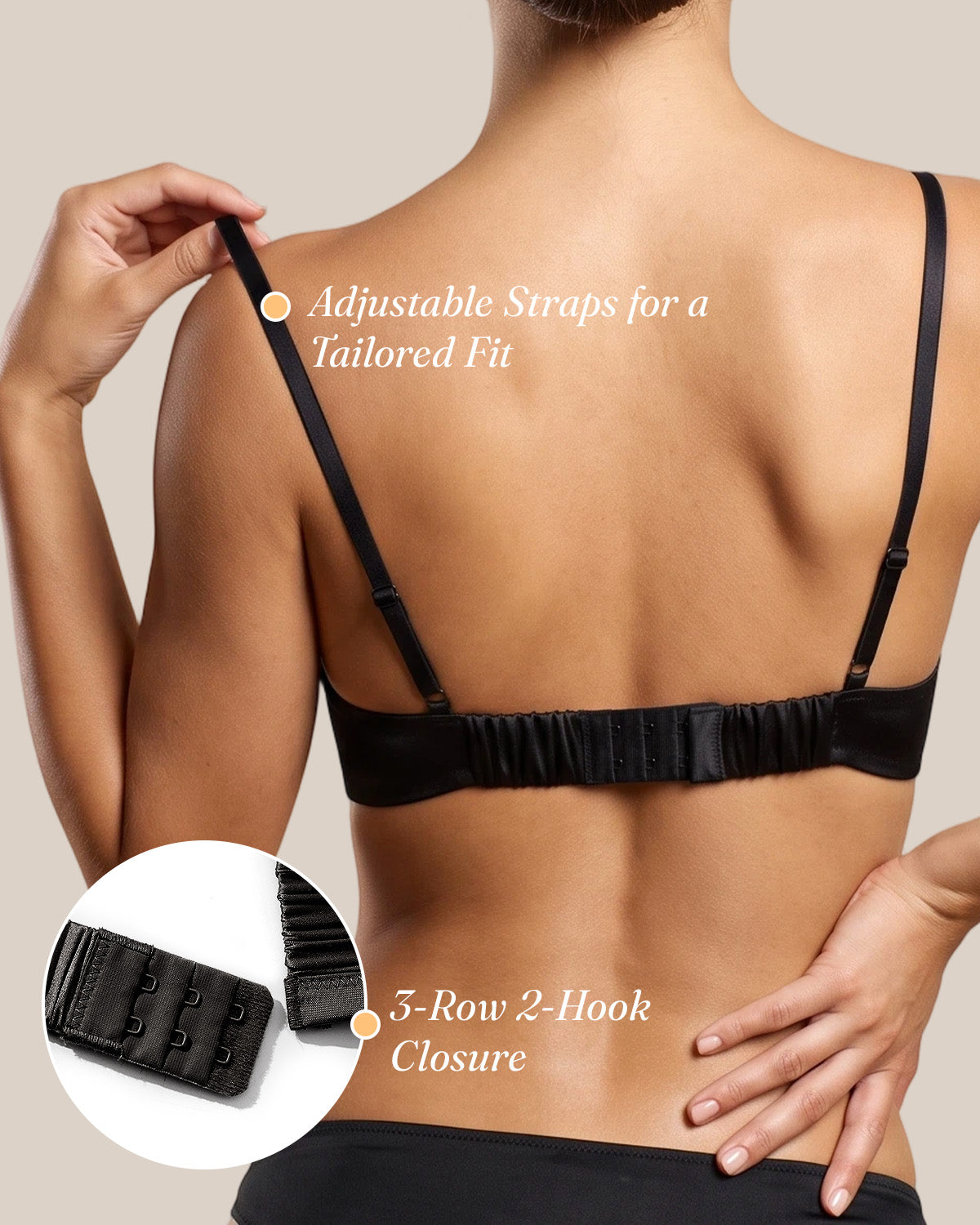 Rear detail of the black BRA15 bralette with adjustable straps and three-row hook closure | FEELITS