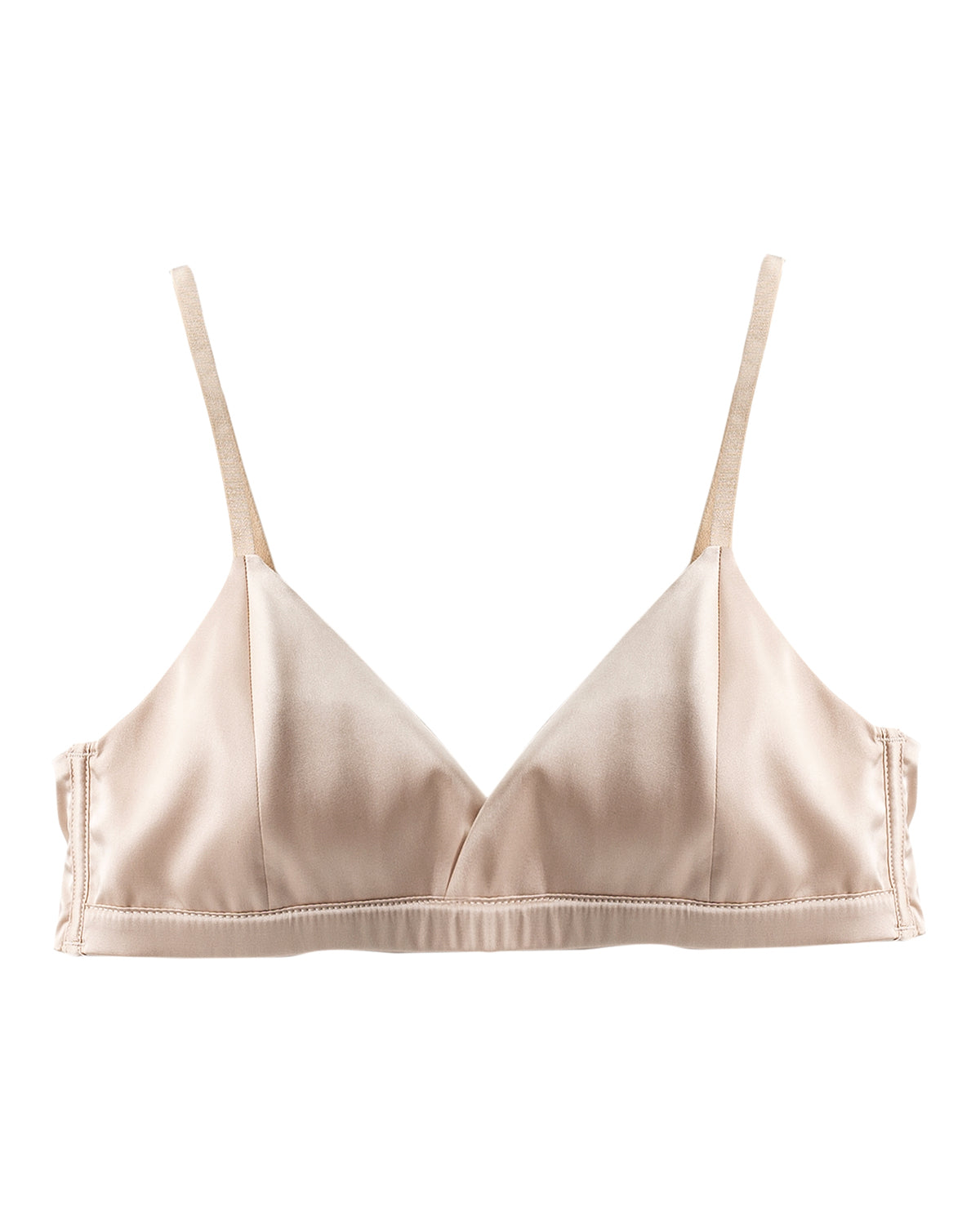 Champagne silk triangle bralette laid flat with narrow shoulder straps and an elastic underband | FEELITS