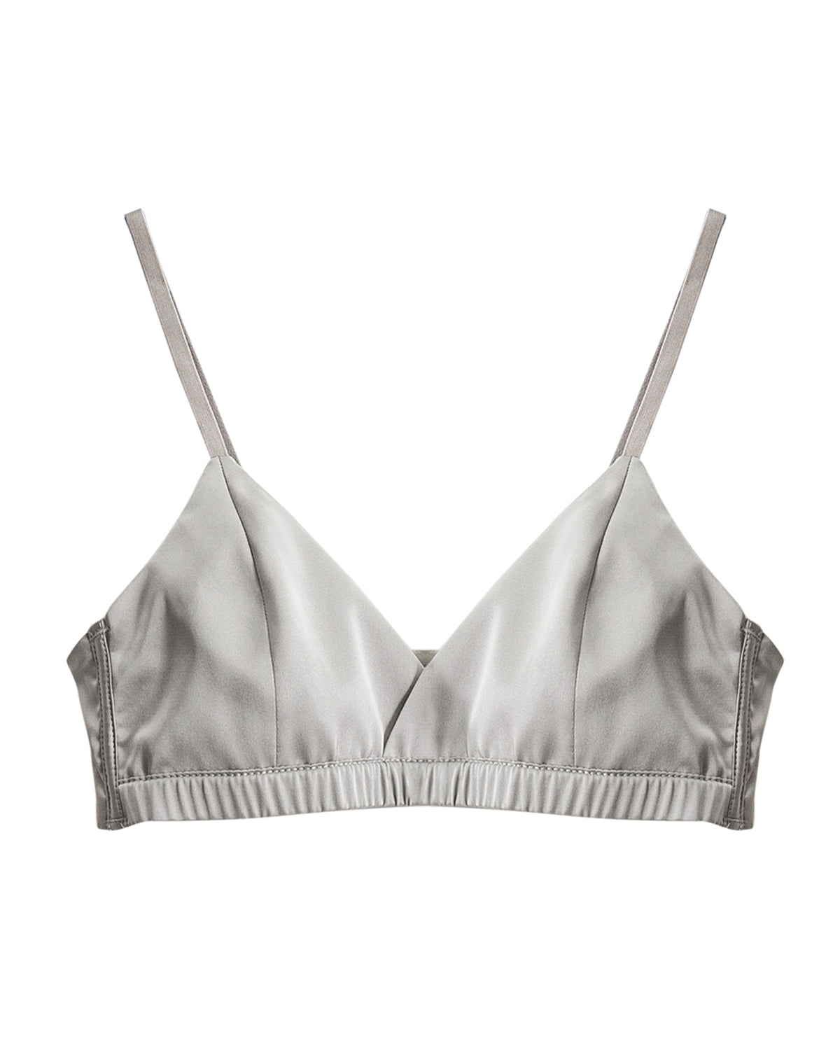 Grey silk triangle bralette laid flat with narrow shoulder straps and an elastic underband | FEELITS