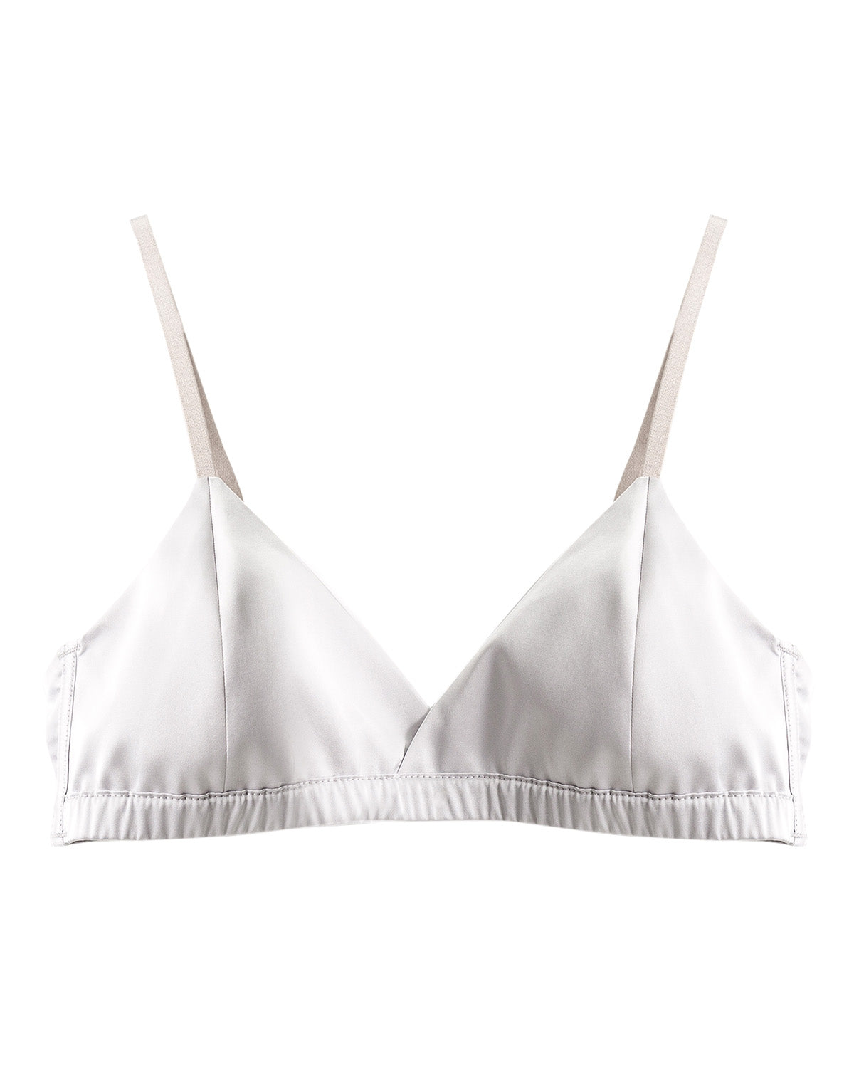 Silver-white silk triangle bralette laid flat with narrow shoulder straps and an elastic underband | FEELITS