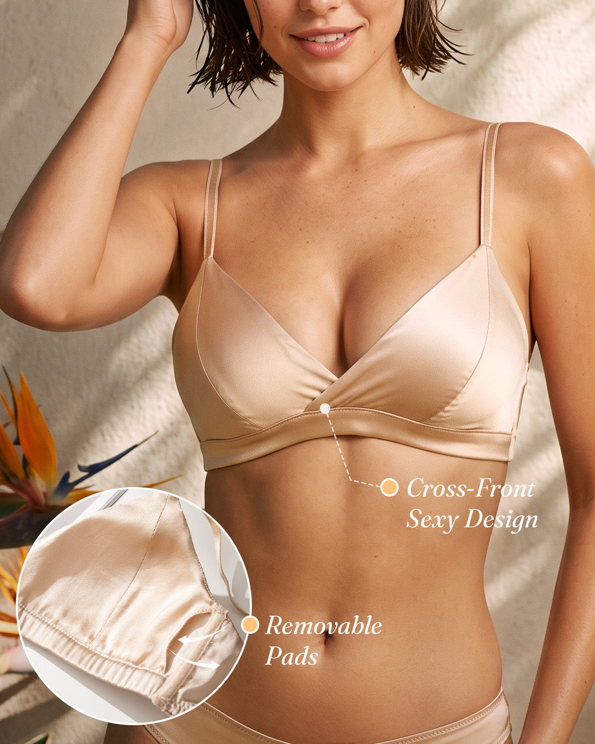Champagne silk bralette showing the overlapping neckline and removable cup pads | FEELITS