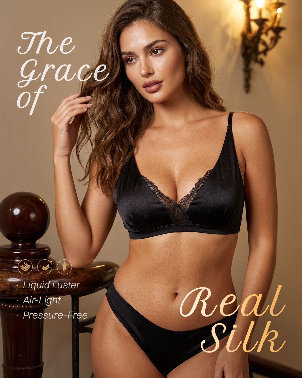 BRA18 brassière en dentelle de soie de mûrier noire assortie à une culotte | FEELITS