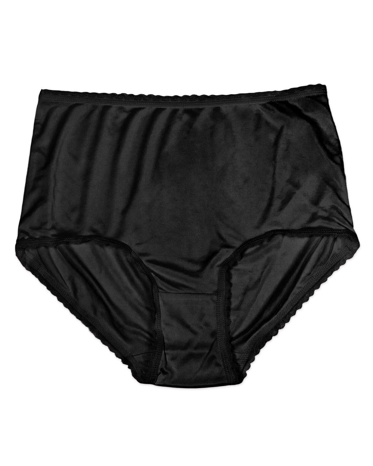 Flach ausgelegter Seiden-Slip in Schwarz mit hoher Taille und Spitzenbesatz an Bund und Beinausschnitten | FEELITS
