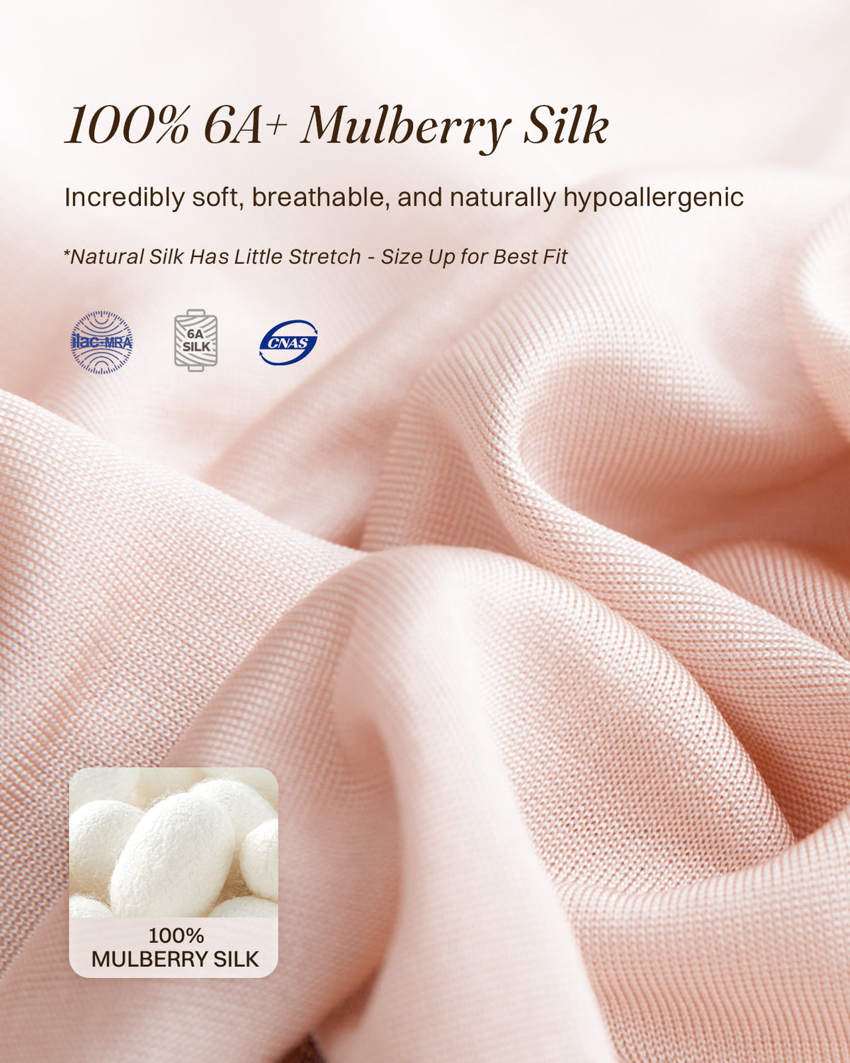 Nahaufnahme von rosa Maulbeerseide mit der Materialangabe 100 % Seide | FEELITS