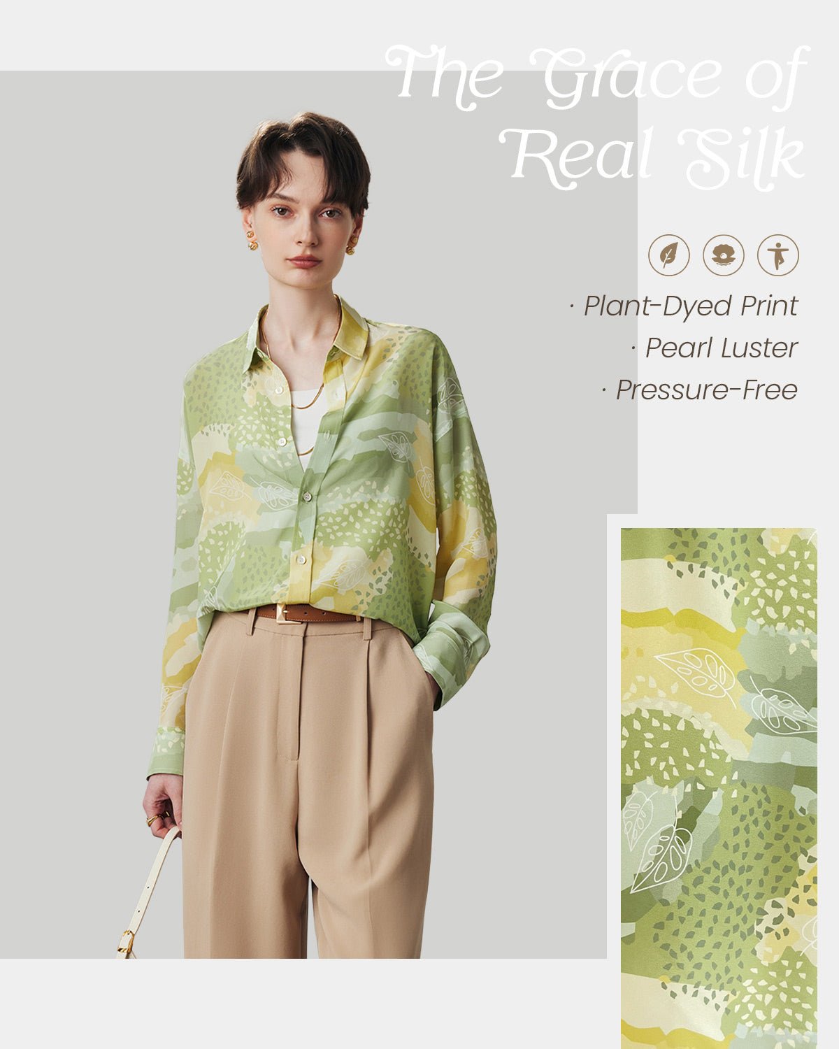 FEELITS JS01 Green Botanicals Mulberry Silk Blouse – 19 Momme Long Sleeve Lapel Shirt - FEELITS