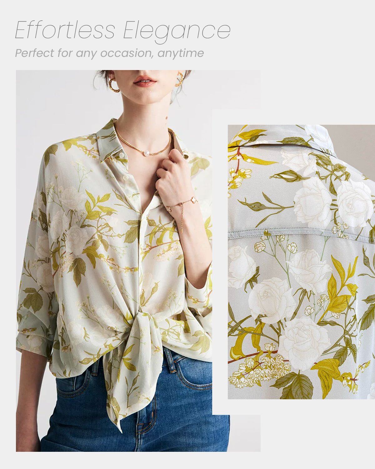 FEELITS JS01 White Florals Mulberry Silk Blouse – 19 Momme Floral Print Lapel Shirt - FEELITS