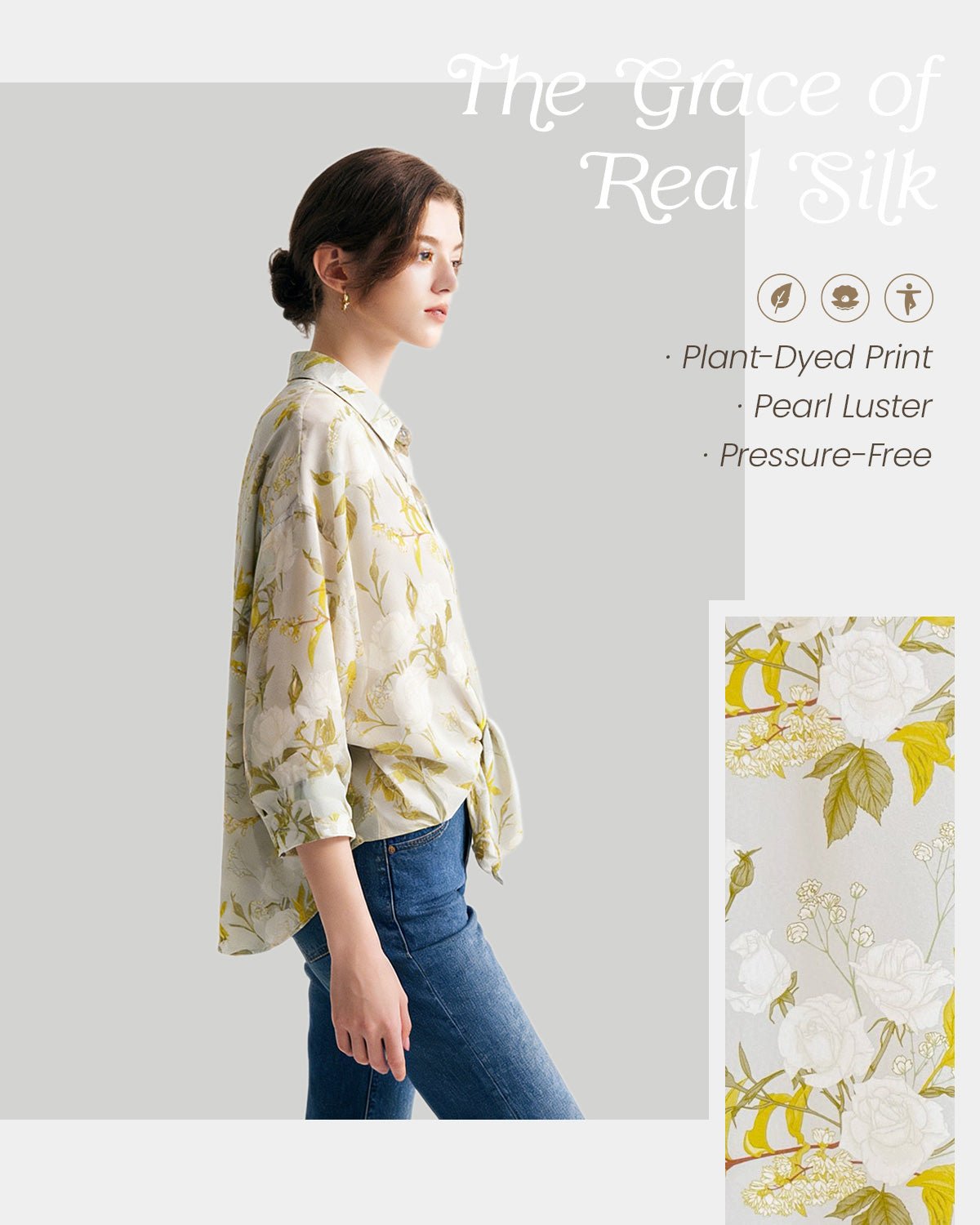 FEELITS JS01 White Florals Mulberry Silk Blouse – 19 Momme Floral Print Lapel Shirt - FEELITS