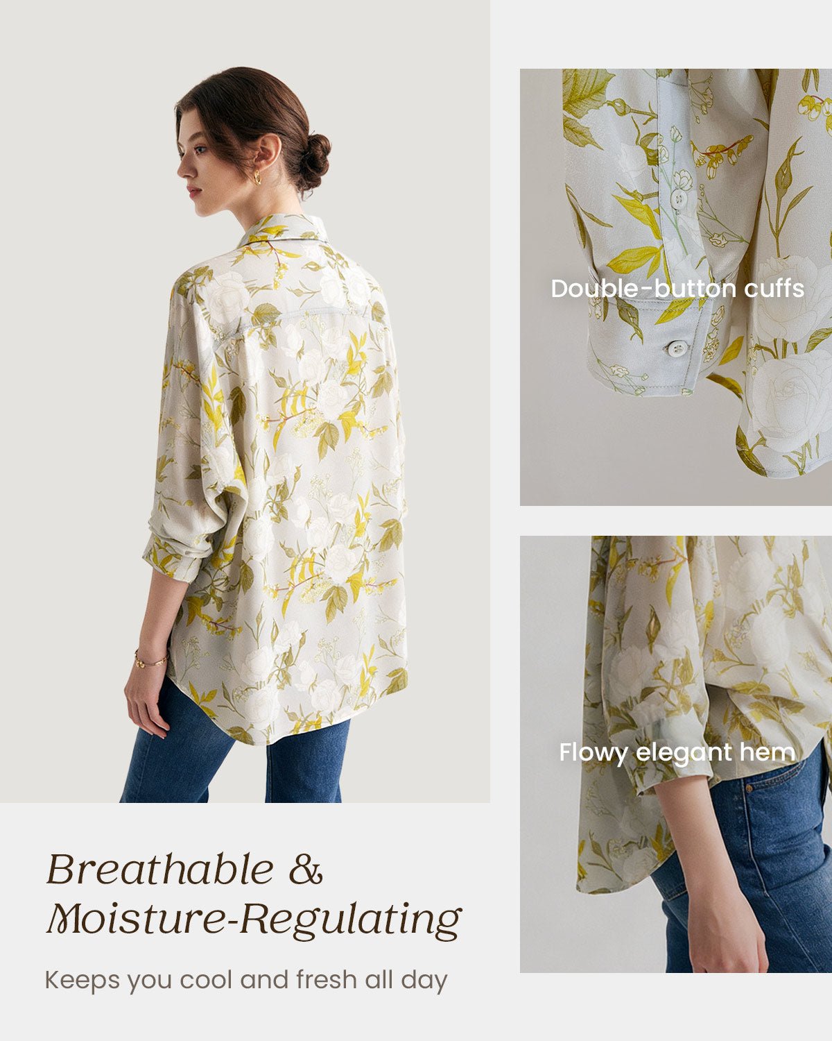 FEELITS JS01 White Florals Mulberry Silk Blouse – 19 Momme Floral Print Lapel Shirt - FEELITS
