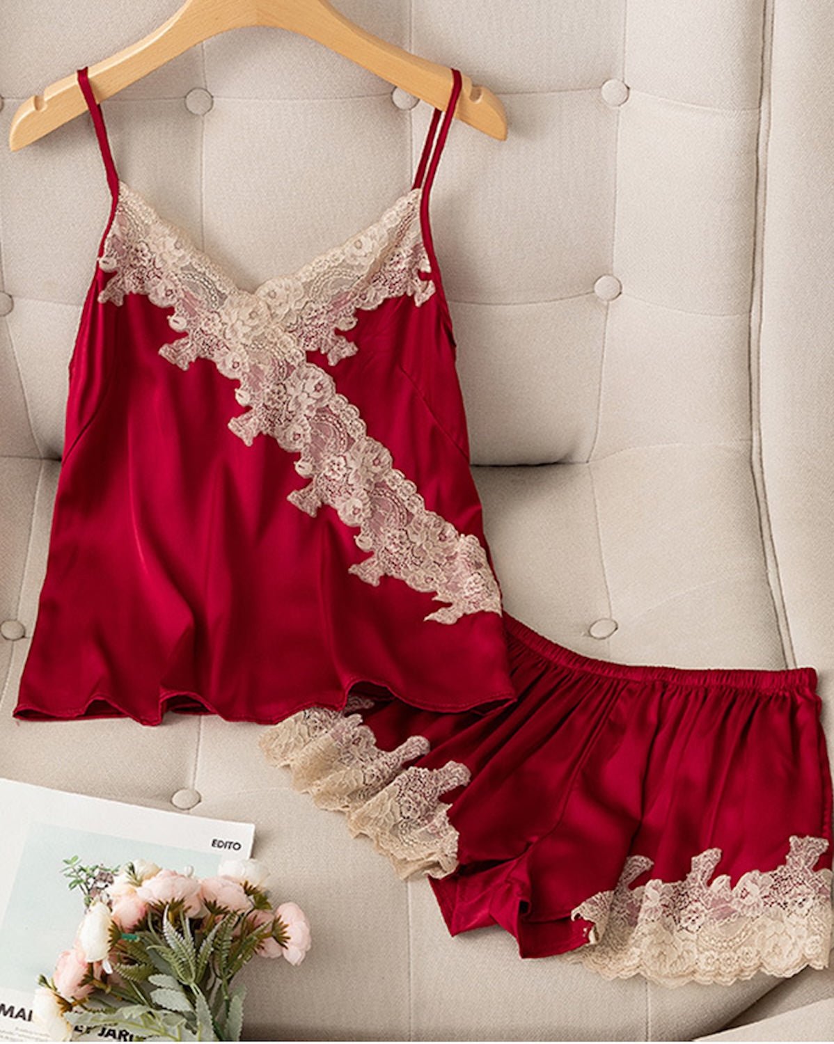 FEELITS PA09 Mulberry Silk Lace Cami & Shorts Set – Elegant Bridal, Honeymoon & Everyday Loungewear - FEELITS