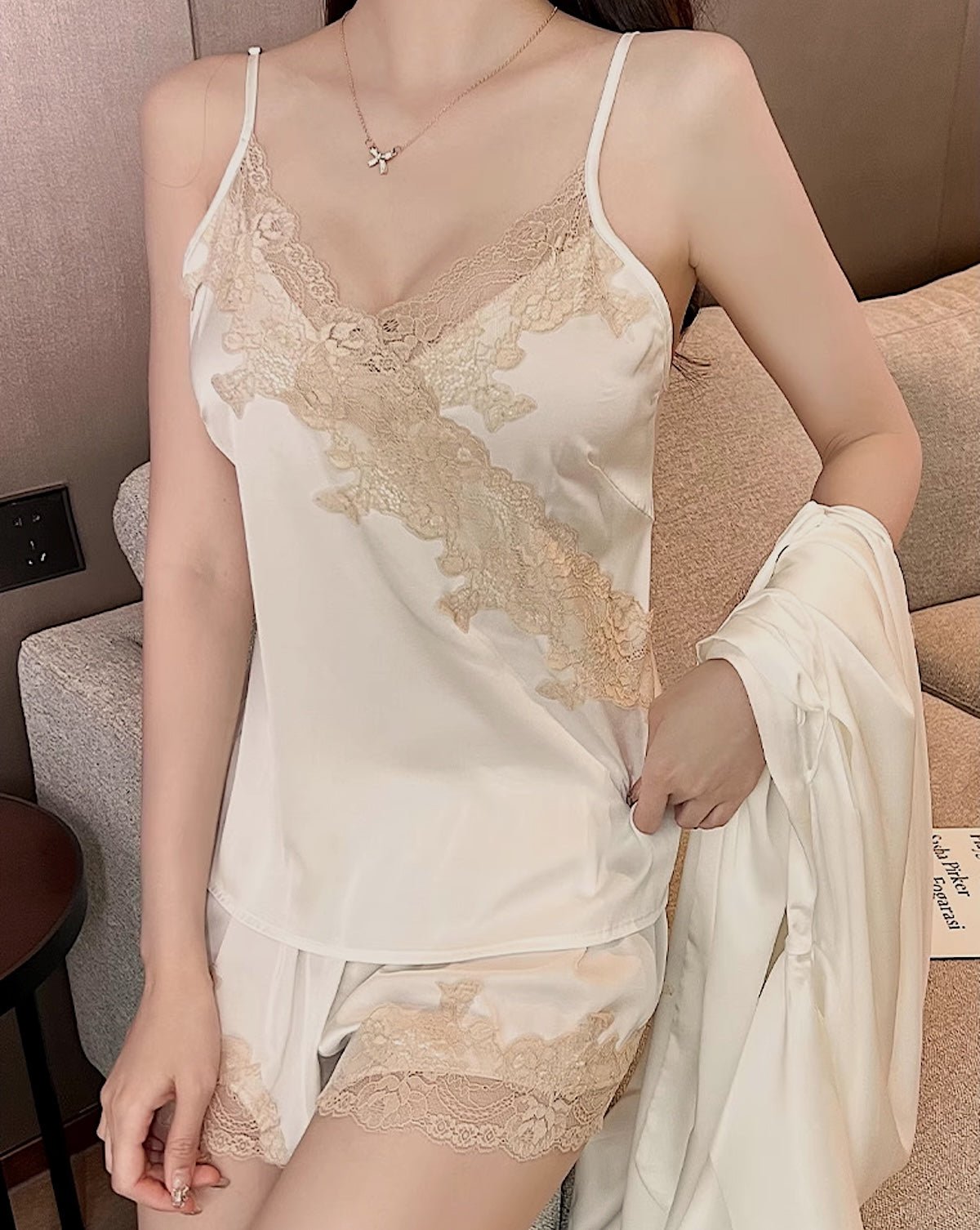 FEELITS PA09 Mulberry Silk Lace Cami & Shorts Set – Elegant Bridal, Honeymoon & Everyday Loungewear - FEELITS