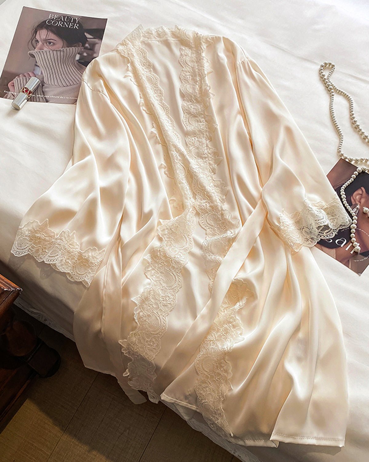 FEELITS PA08 Mulberry Silk Lace-Trim Robe – Elegant Beige Bridal & Loungewear - FEELITS