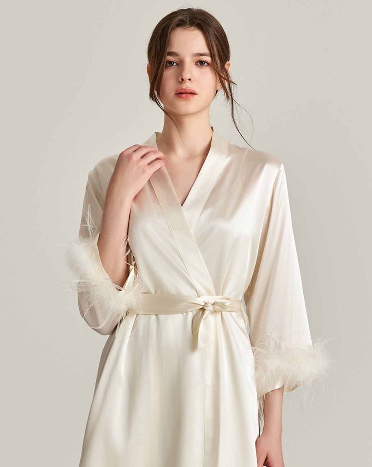 FEELITS PA06 Mulberry Silk Maxi Nightgown & Feather Robe Set – Bridal & Luxury Loungewear - FEELITS