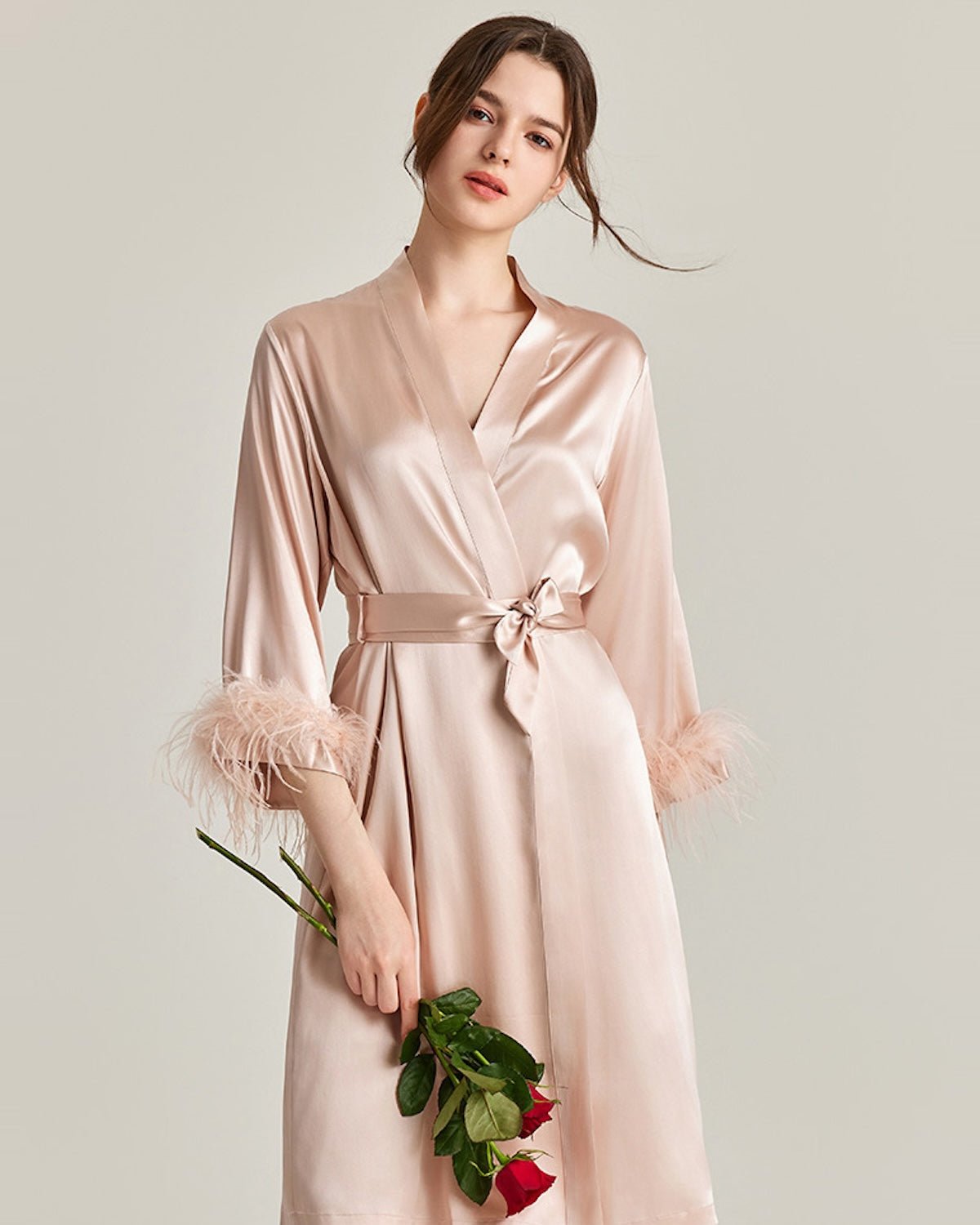 FEELITS PA06 Mulberry Silk Maxi Nightgown & Feather Robe Set – Bridal & Luxury Loungewear - FEELITS
