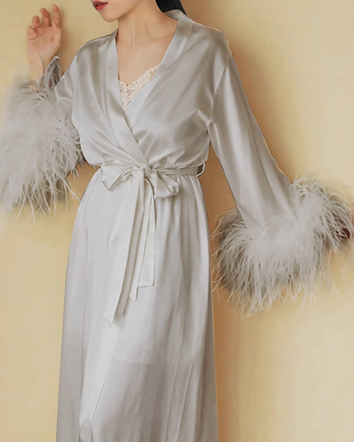 FEELITS PA06 Mulberry Silk Maxi Nightgown & Feather Robe Set – Bridal & Luxury Loungewear - FEELITS