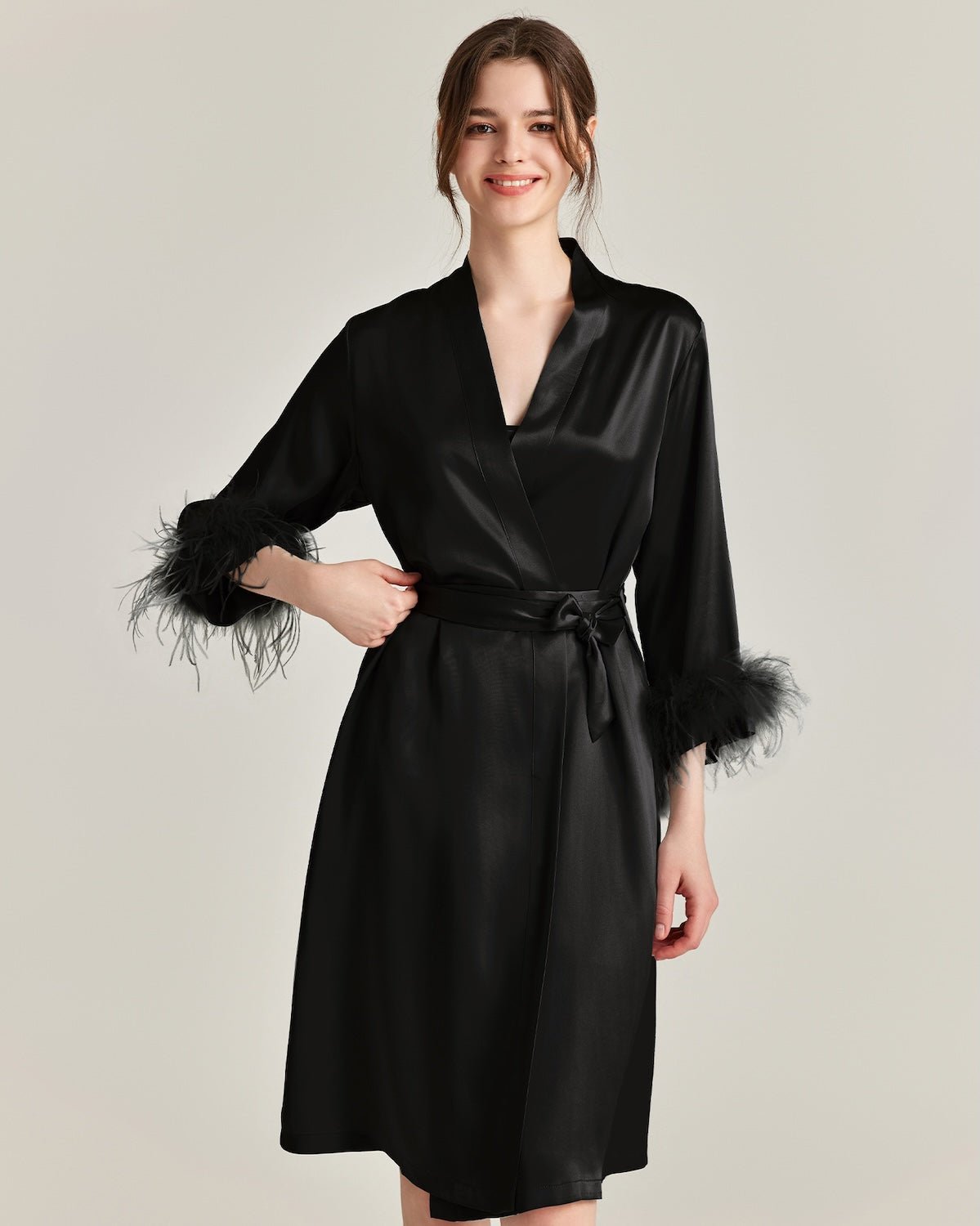 FEELITS PA06 Mulberry Silk Maxi Nightgown & Feather Robe Set – Bridal & Luxury Loungewear - FEELITS