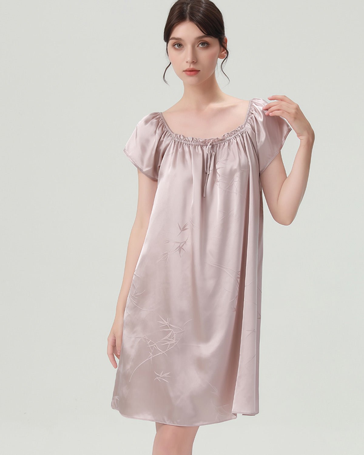 FEELITS PA22 Short Mulberry Silk Nightgown – 19 Momme Nature Print Sleep Dress - FEELITS