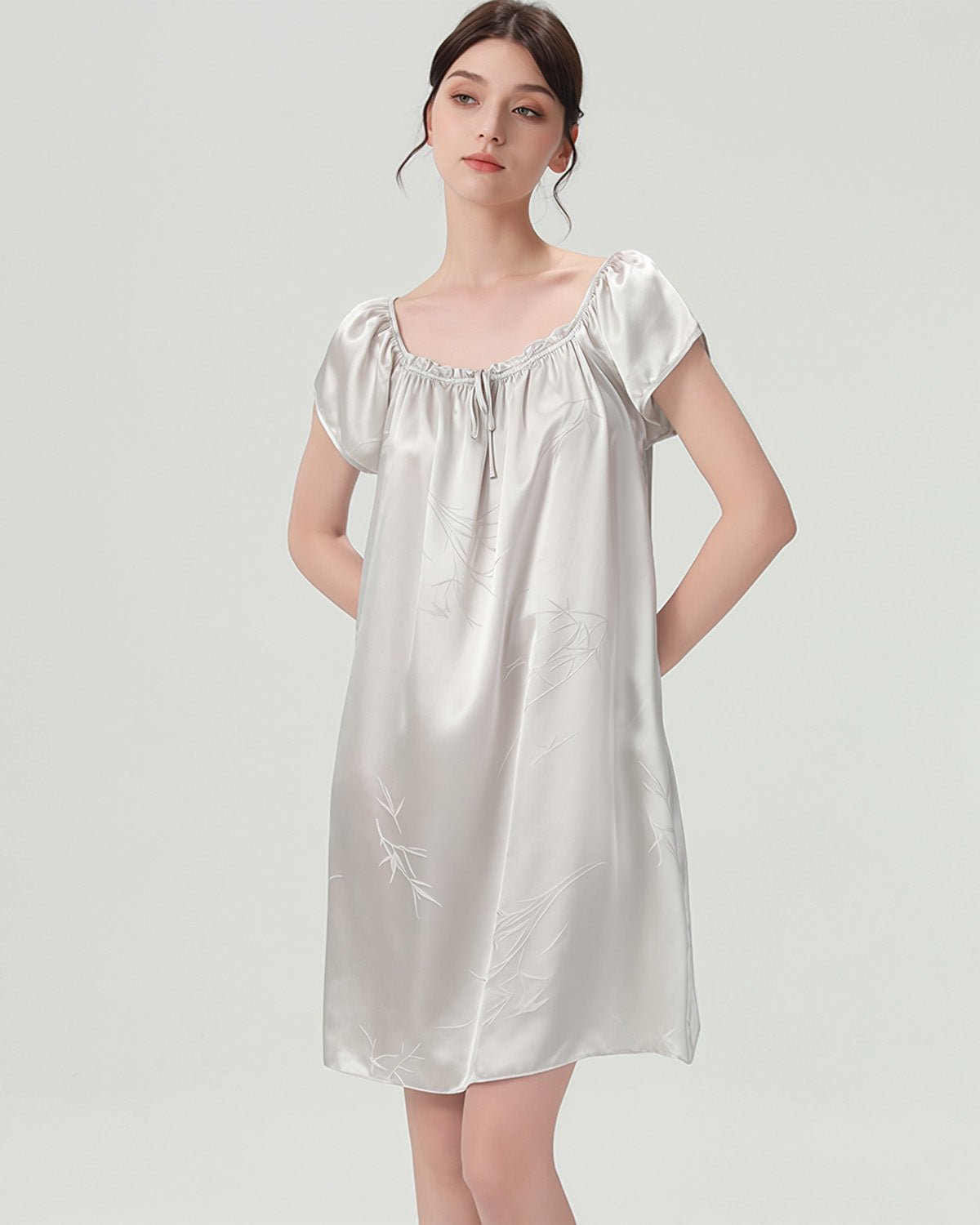 FEELITS PA22 Short Mulberry Silk Nightgown – 19 Momme Nature Print Sleep Dress - FEELITS