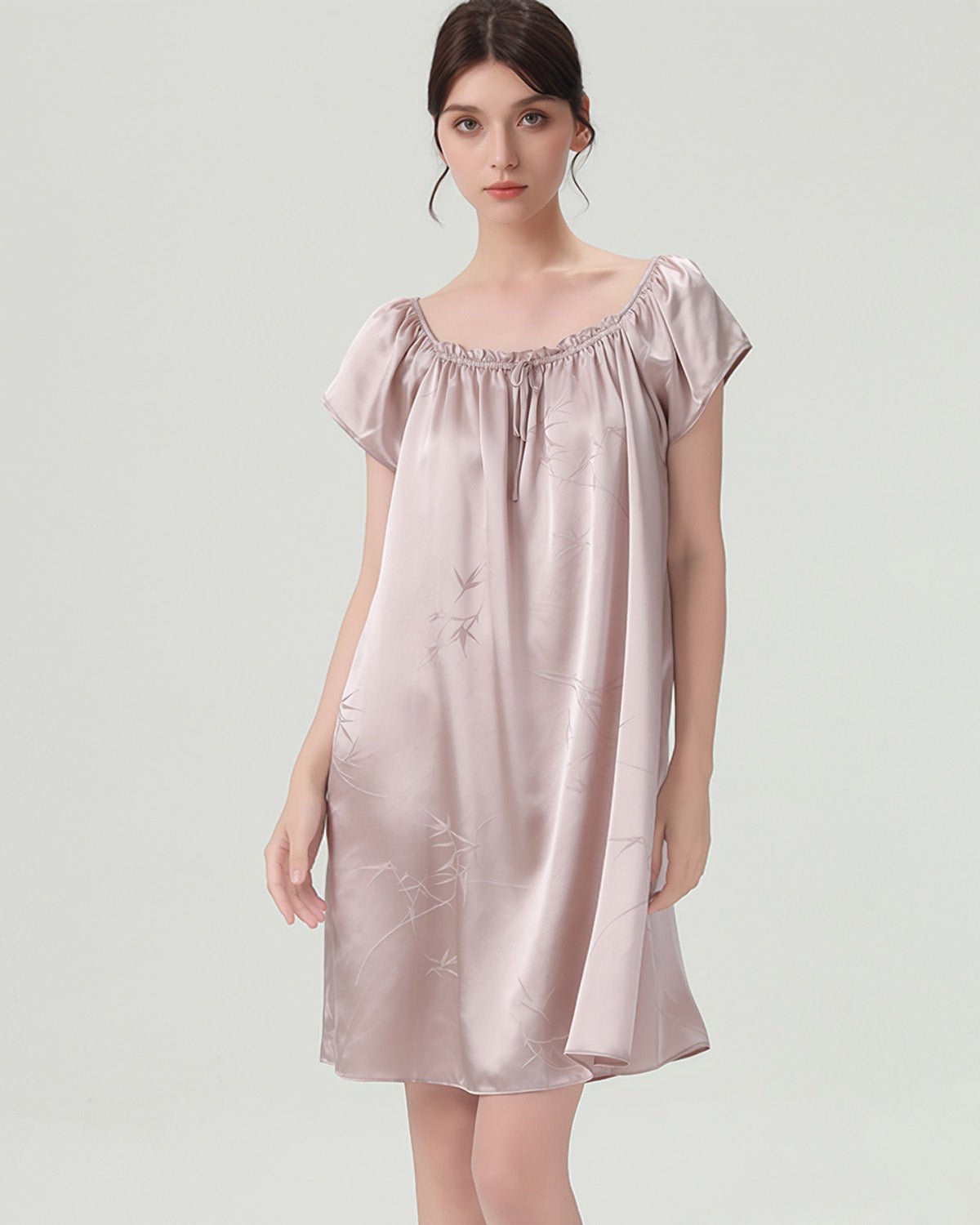 FEELITS PA22 Short Mulberry Silk Nightgown – 19 Momme Nature Print Sleep Dress - FEELITS
