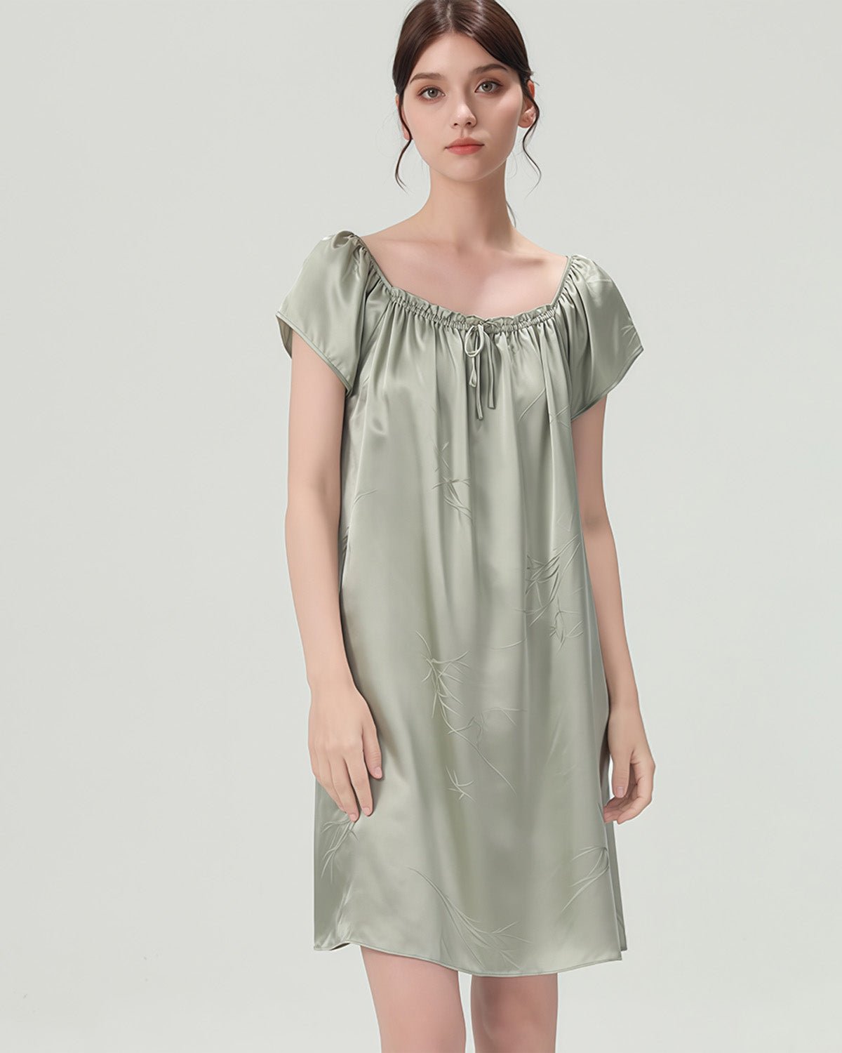FEELITS PA22 Short Mulberry Silk Nightgown – 19 Momme Nature Print Sleep Dress - FEELITS
