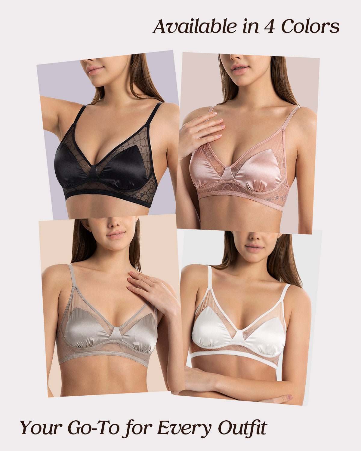 FEELITS BRA06 Silk Lace Triangle Bralette – Wireless Mulberry Silk Satin, Ultra-Breathable & Soft - FEELITS