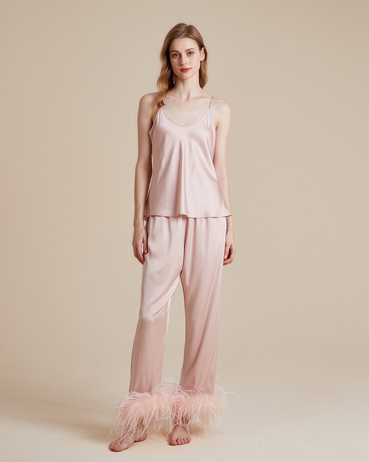 FEELITS PA14 3-Piece Mulberry Silk Pajama Set – Camisole, Pants & Feather Trim Robe - FEELITS