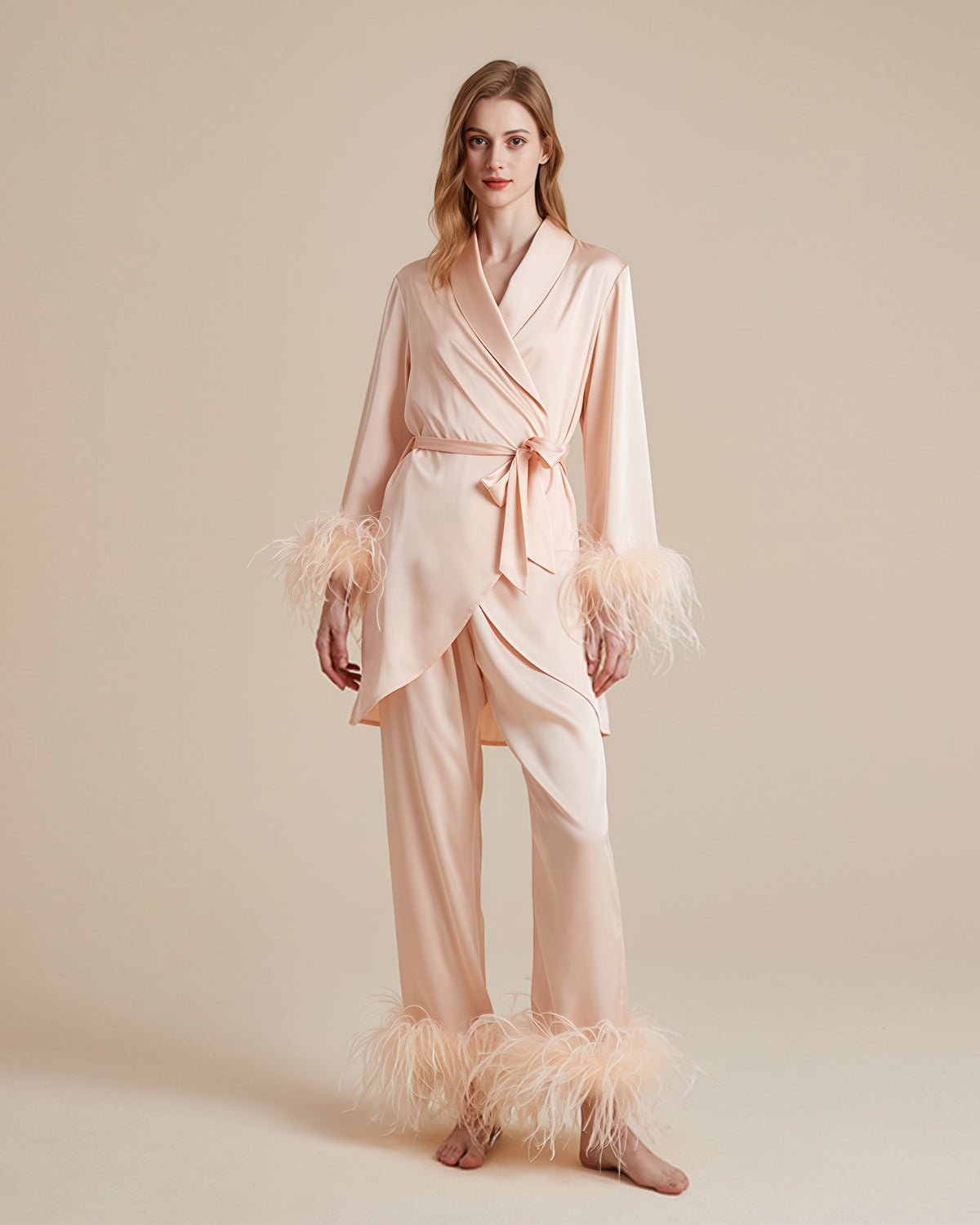 FEELITS PA14 3-Piece Mulberry Silk Pajama Set – Camisole, Pants & Feather Trim Robe - FEELITS