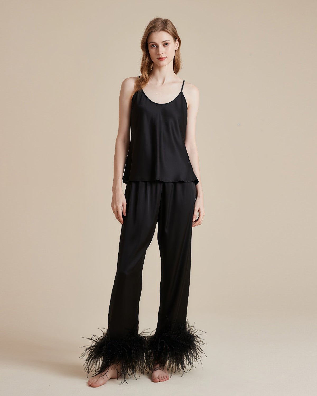 FEELITS PA14 3-Piece Mulberry Silk Pajama Set – Camisole, Pants & Feather Trim Robe - FEELITS