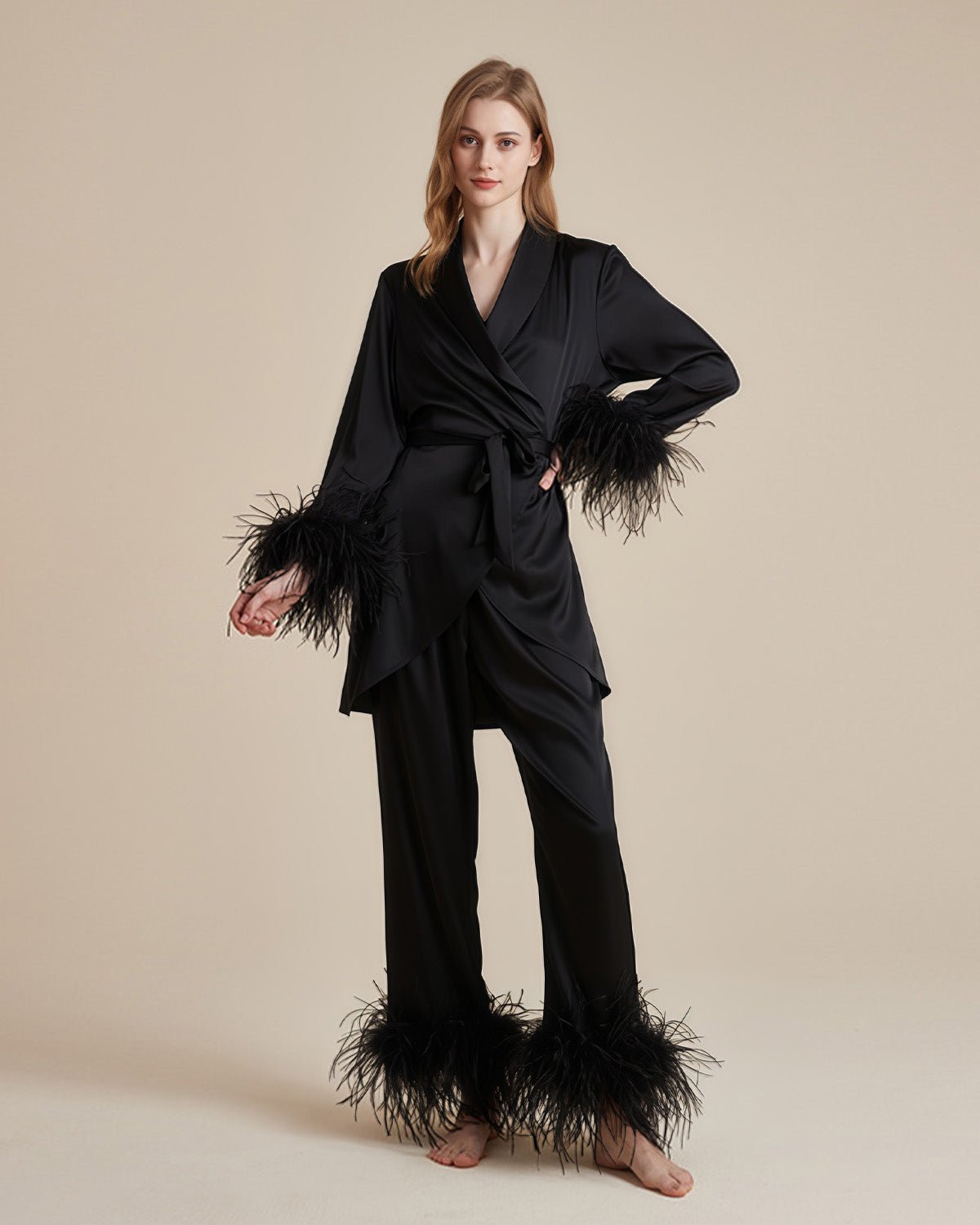 FEELITS PA14 3-Piece Mulberry Silk Pajama Set – Camisole, Pants & Feather Trim Robe - FEELITS