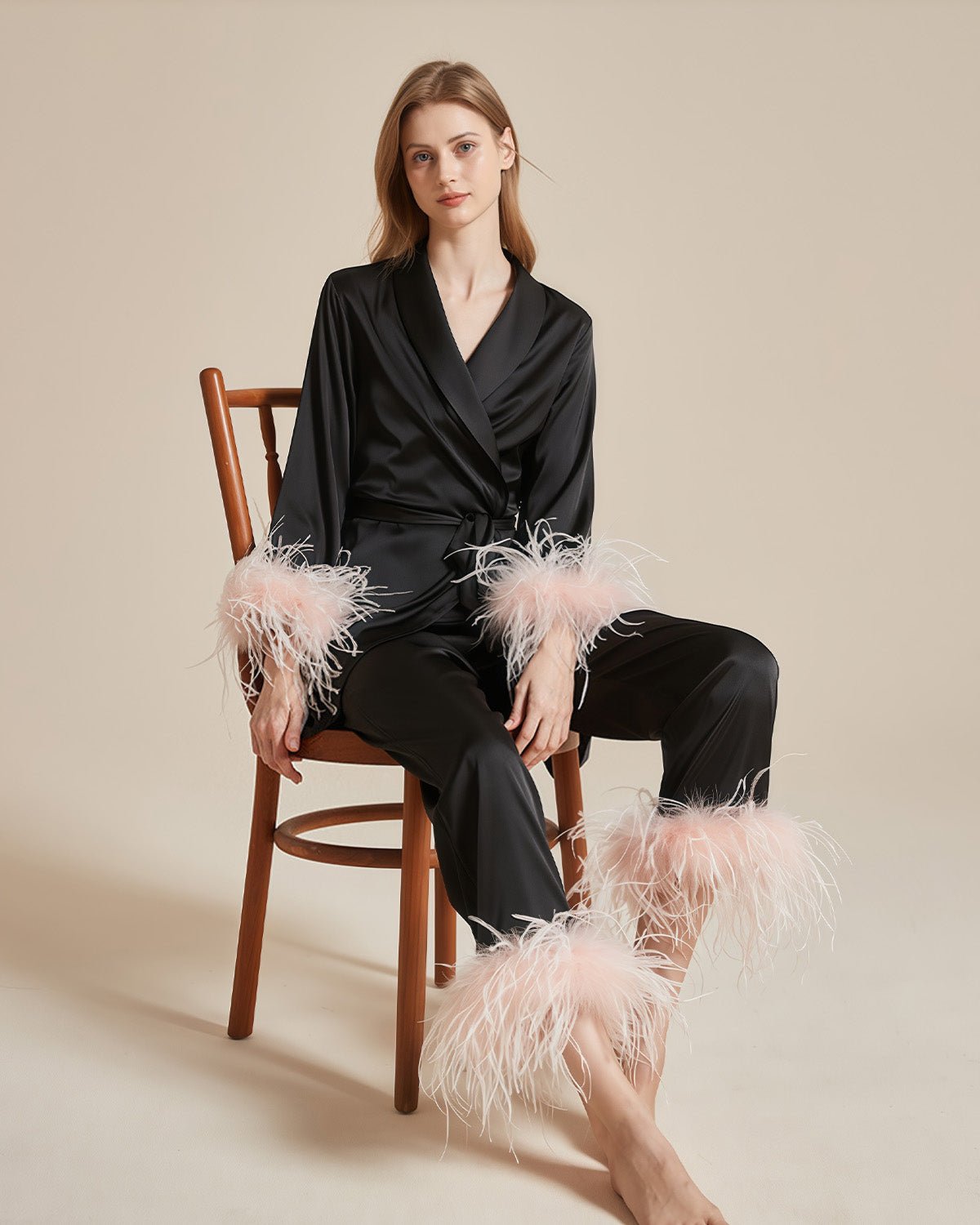 FEELITS PA14 3-Piece Mulberry Silk Pajama Set – Camisole, Pants & Feather Trim Robe - FEELITS