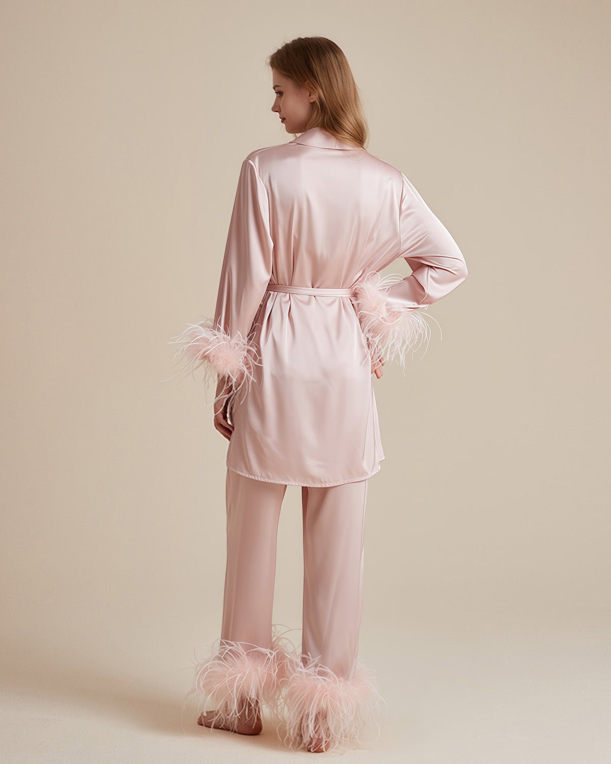 FEELITS PA14 3-Piece Mulberry Silk Pajama Set – Camisole, Pants & Feather Trim Robe - FEELITS