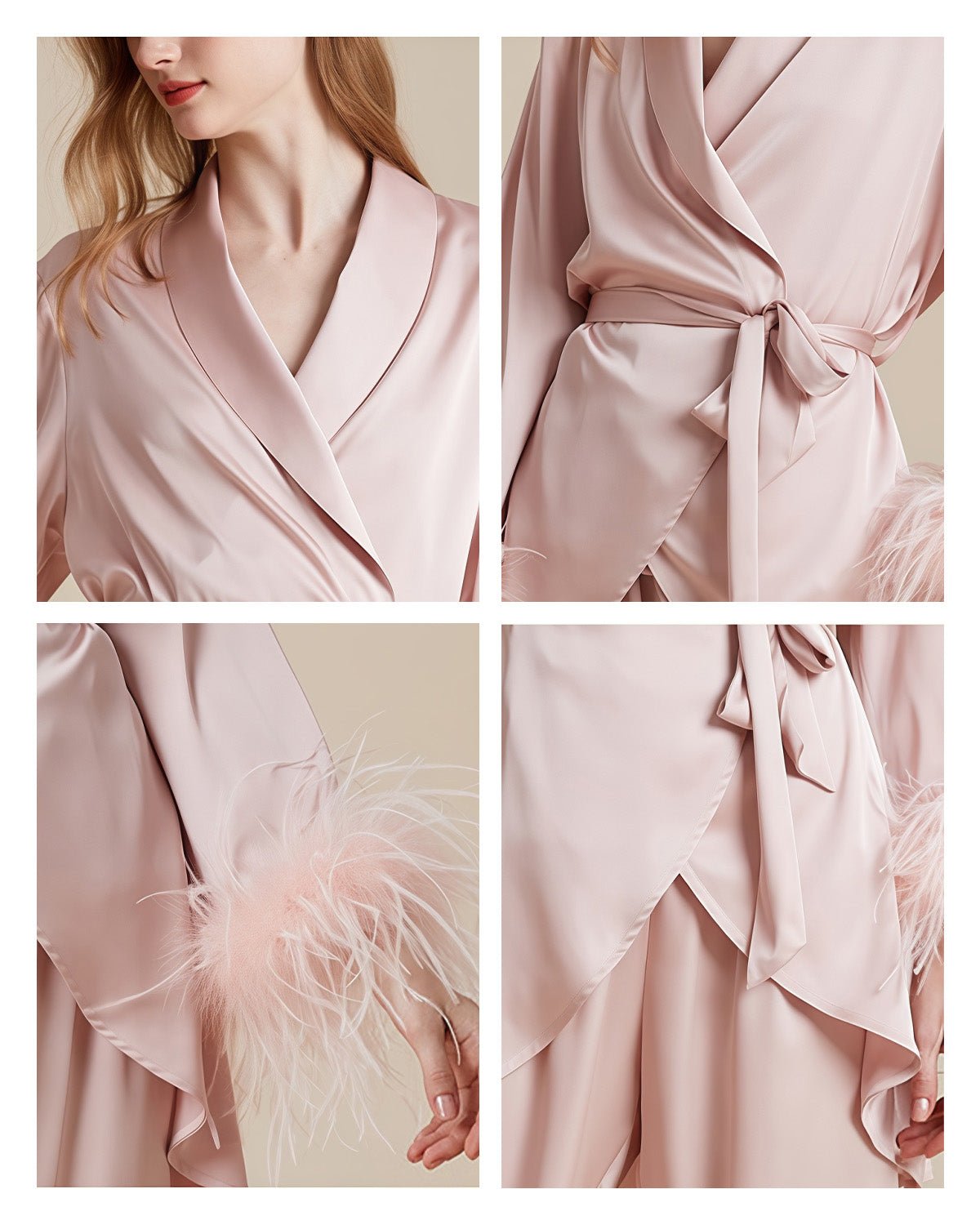 FEELITS PA14 3-Piece Mulberry Silk Pajama Set – Camisole, Pants & Feather Trim Robe - FEELITS