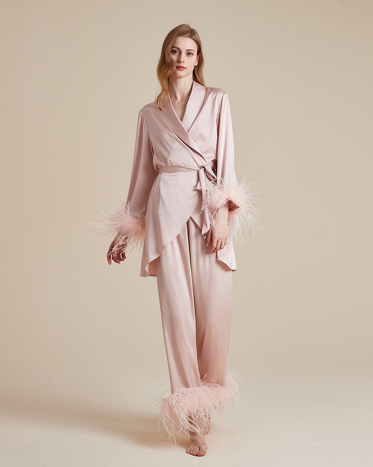 FEELITS PA14 3-Piece Mulberry Silk Pajama Set – Camisole, Pants & Feather Trim Robe - FEELITS