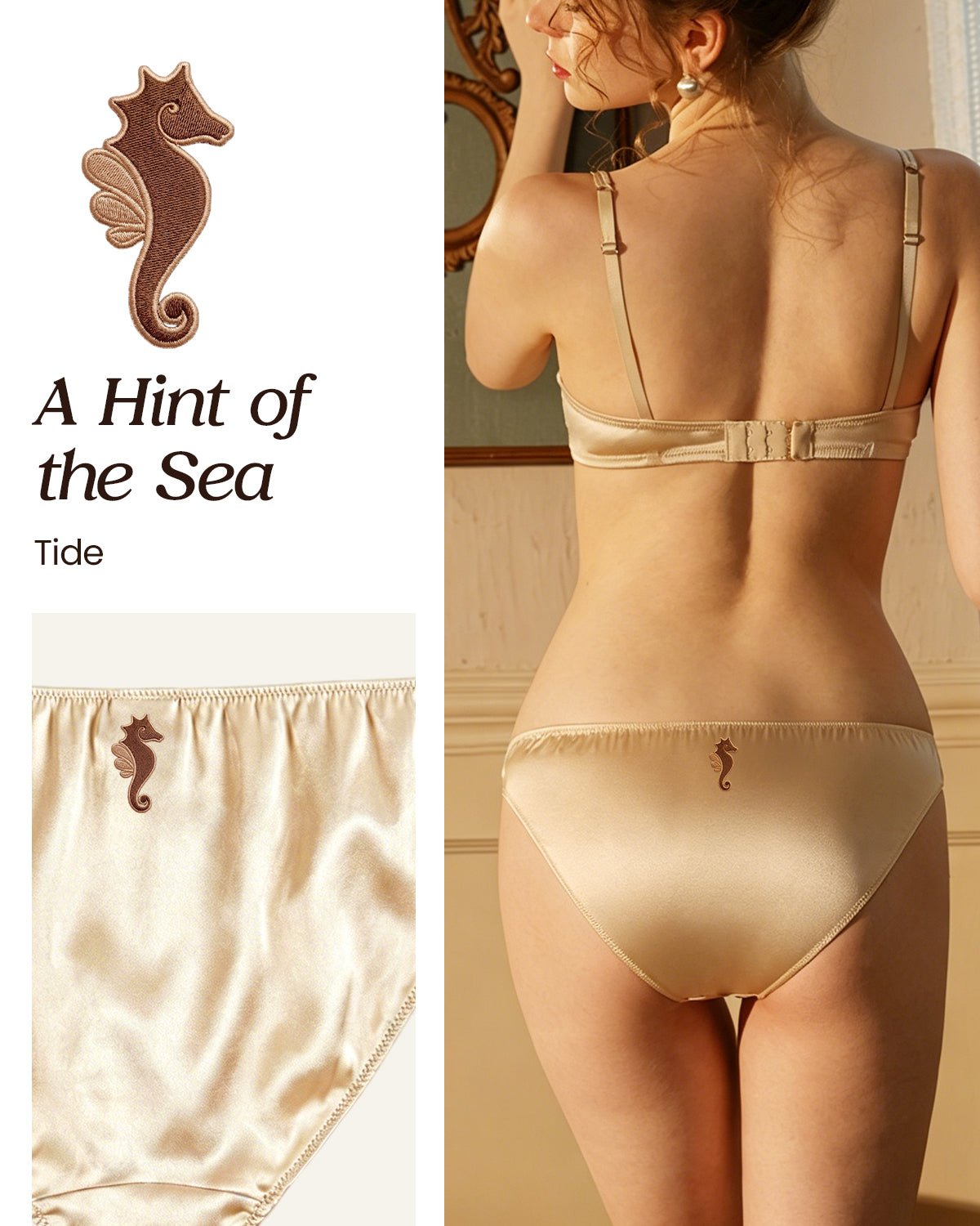 FEELITS KN13 Embroidered Silk High - Cut Bikini Panties – 100% 6A Mulberry Silk, Ocean - Inspired Motifs - FEELITS
