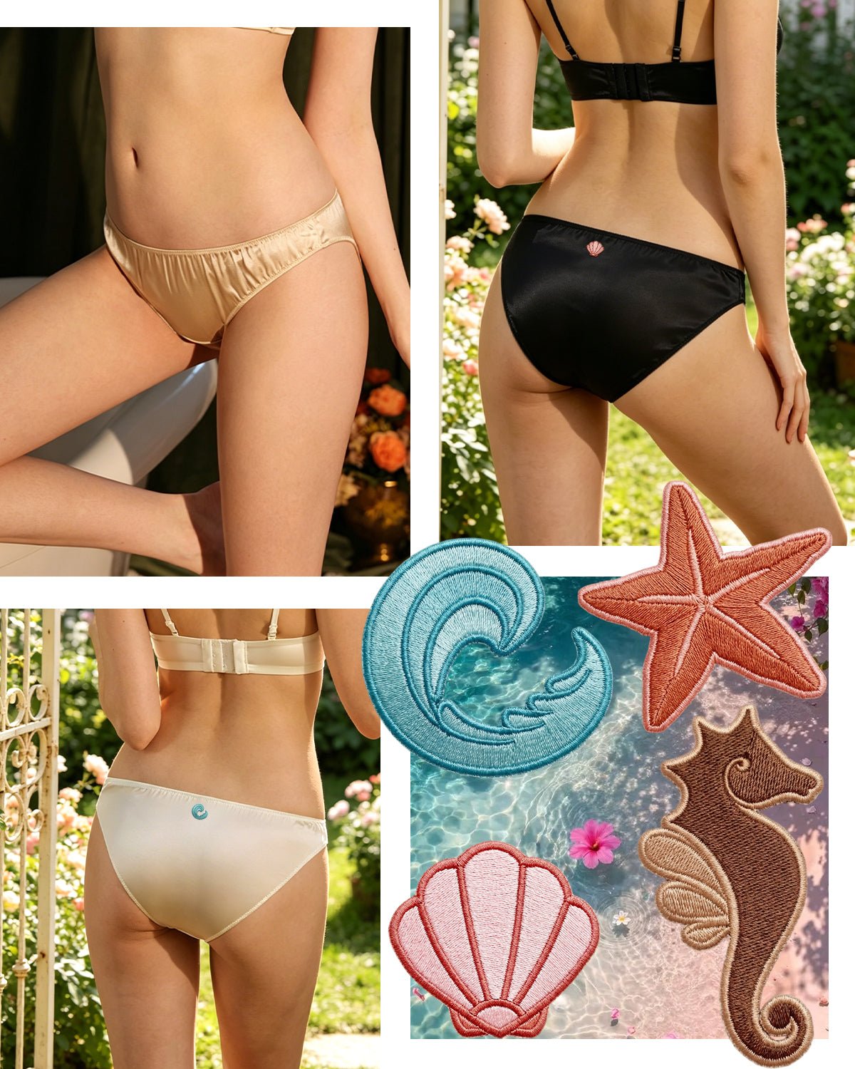 FEELITS KN13 Embroidered Silk High - Cut Bikini Panties – 100% 6A Mulberry Silk, Ocean - Inspired Motifs - FEELITS