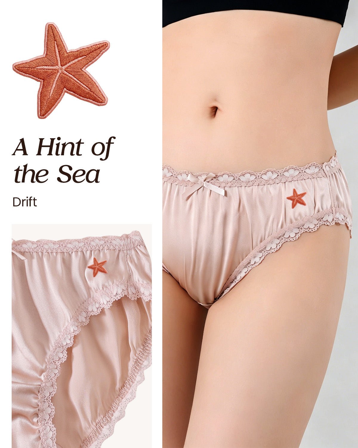 FEELITS KN18 Embroidered Mid - Rise Bikini Silk Panties – 100% 6A Mulberry Silk, Ocean - Inspired Motifs - FEELITS