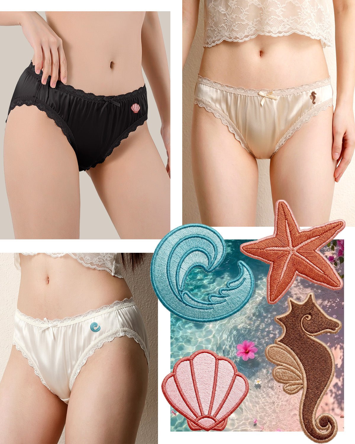 FEELITS KN18 Embroidered Mid - Rise Bikini Silk Panties – 100% 6A Mulberry Silk, Ocean - Inspired Motifs - FEELITS