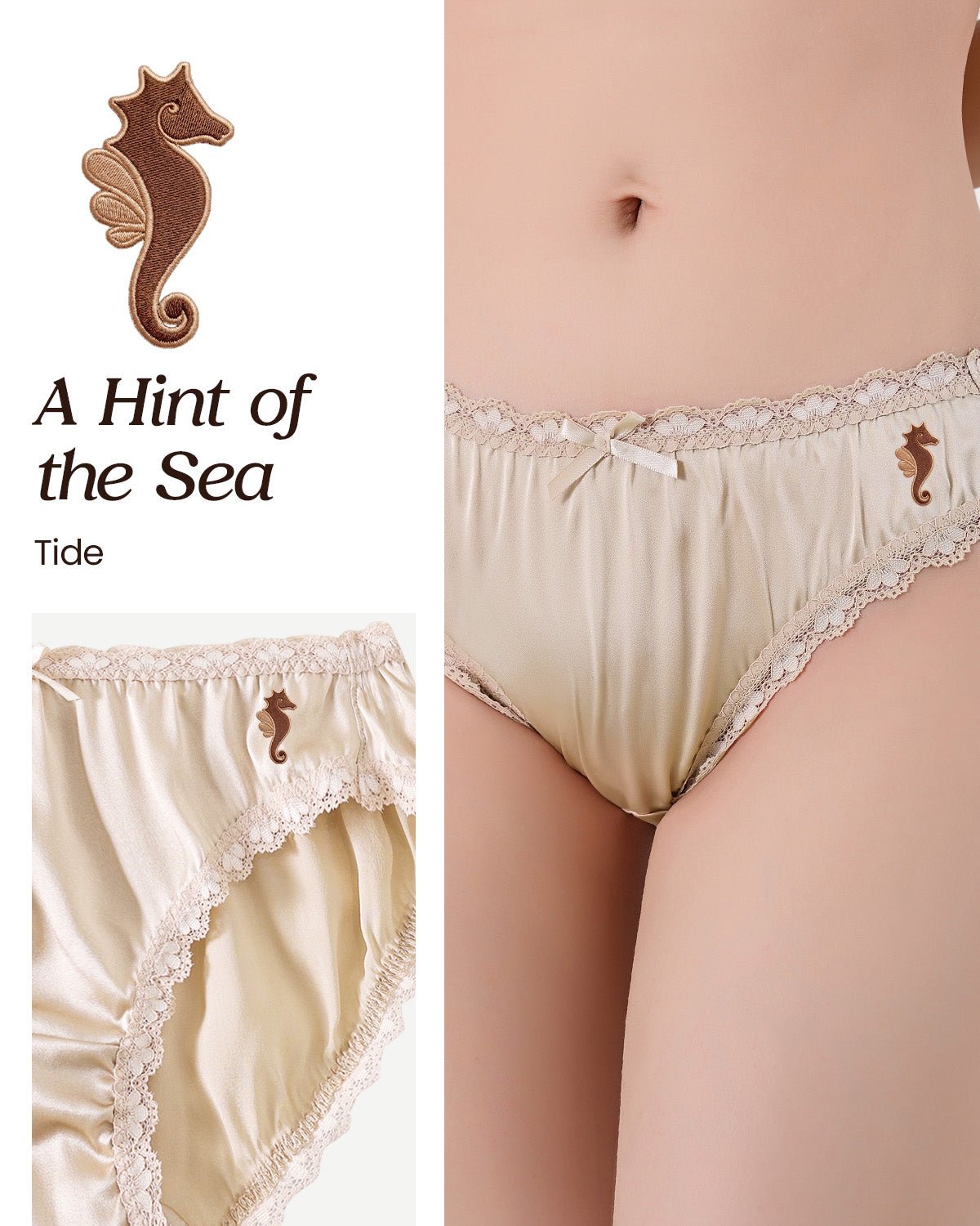 FEELITS KN18 Embroidered Mid - Rise Bikini Silk Panties – 100% 6A Mulberry Silk, Ocean - Inspired Motifs - FEELITS