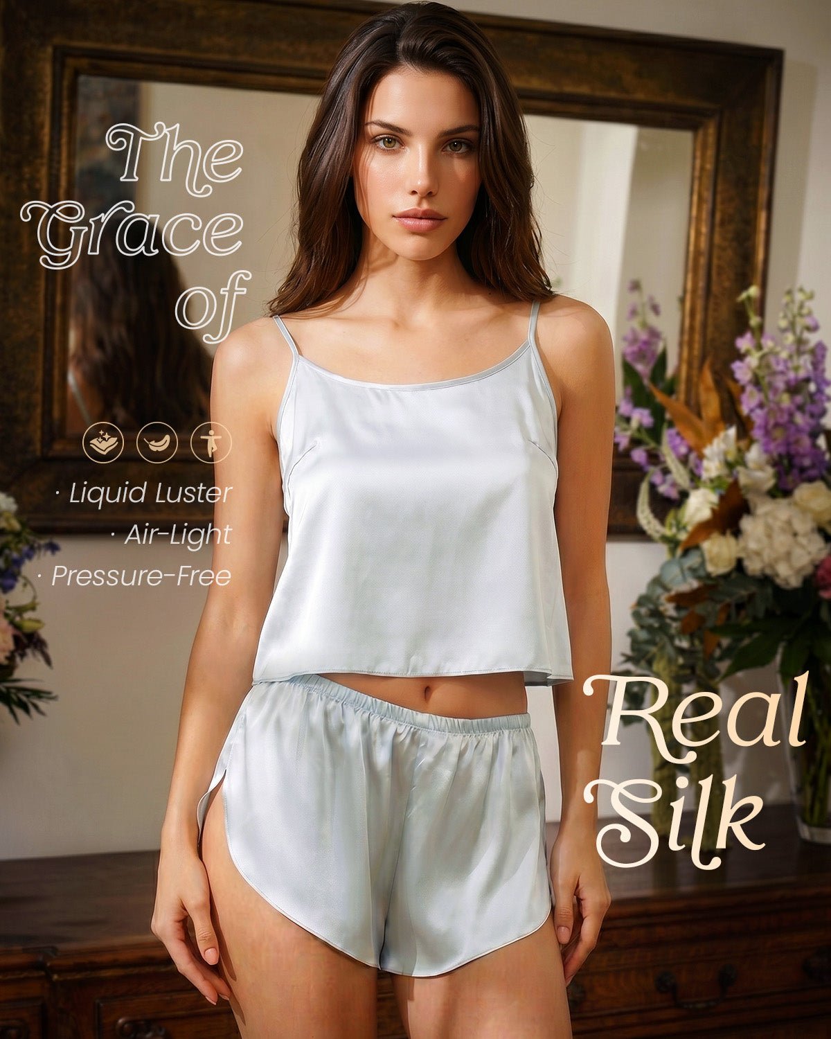 FEELITS PJ03 22 Momme Mulberry Silk Pajama Set - Split-Back Cami & High-Slit Shorts - FEELITS