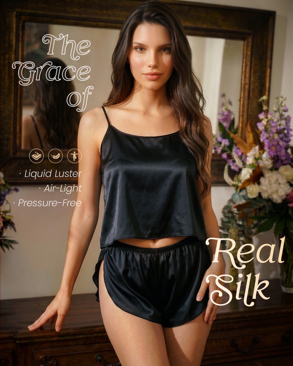 FEELITS PJ03 22 Momme Mulberry Silk Pajama Set - Split-Back Cami & High-Slit Shorts - FEELITS