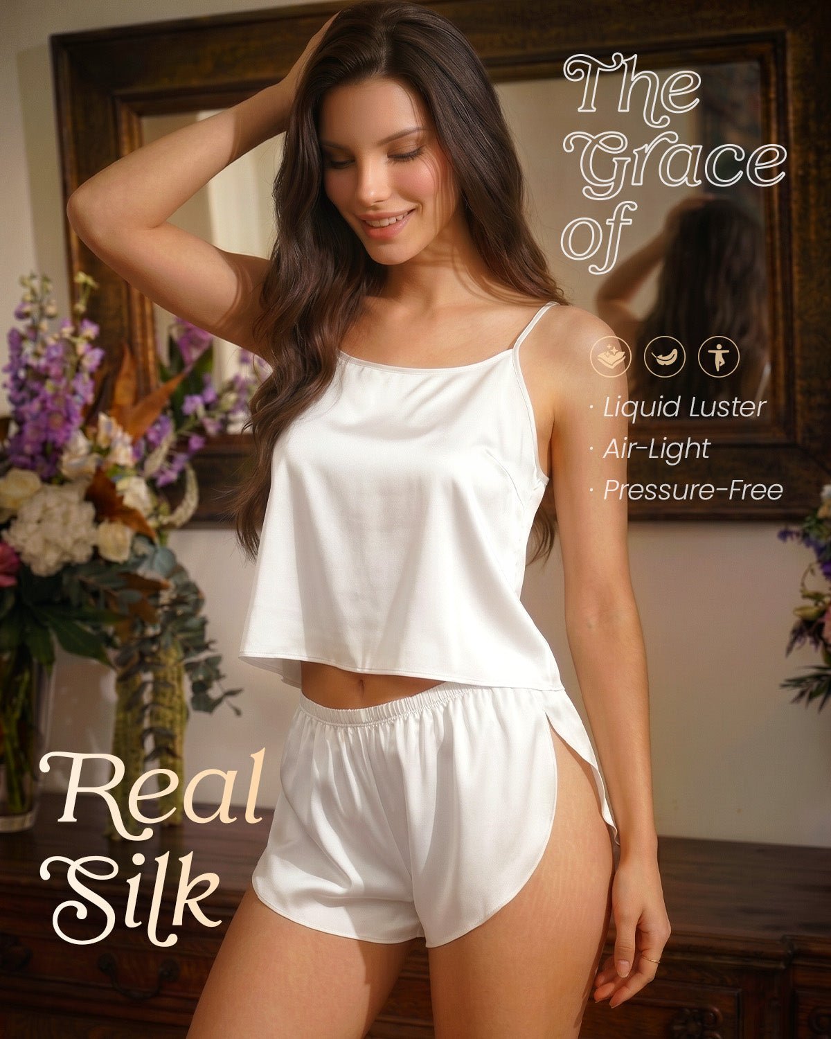 FEELITS PJ03 22 Momme Mulberry Silk Pajama Set - Split-Back Cami & High-Slit Shorts - FEELITS