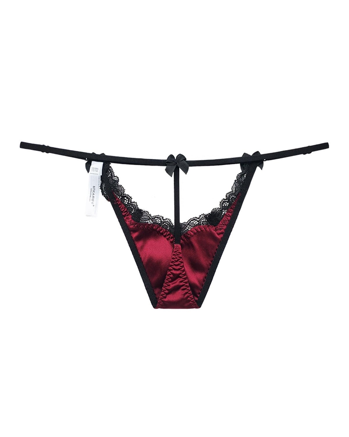 FEELITS SPA29 Mulberry Silk Embroidered Lace T-Back Thong – Low-Rise, Adjustable & Bow Detail - FEELITS