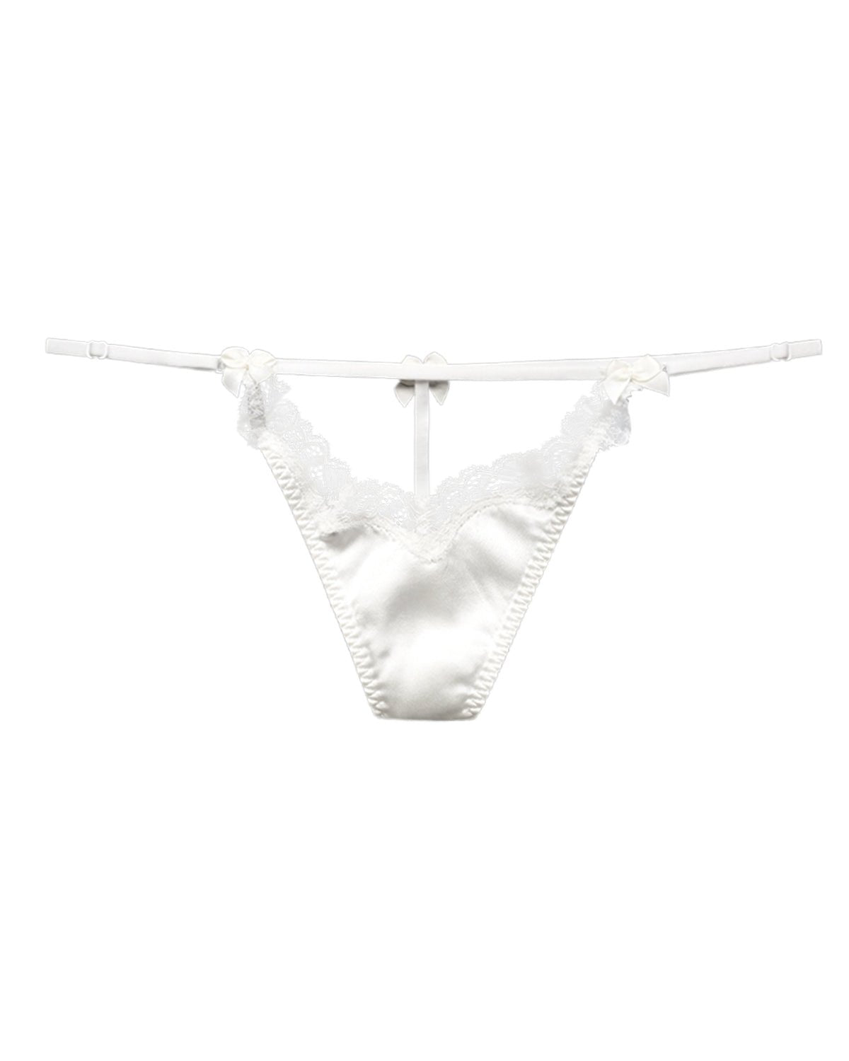 FEELITS SPA29 Mulberry Silk Embroidered Lace T-Back Thong – Low-Rise, Adjustable & Bow Detail - FEELITS