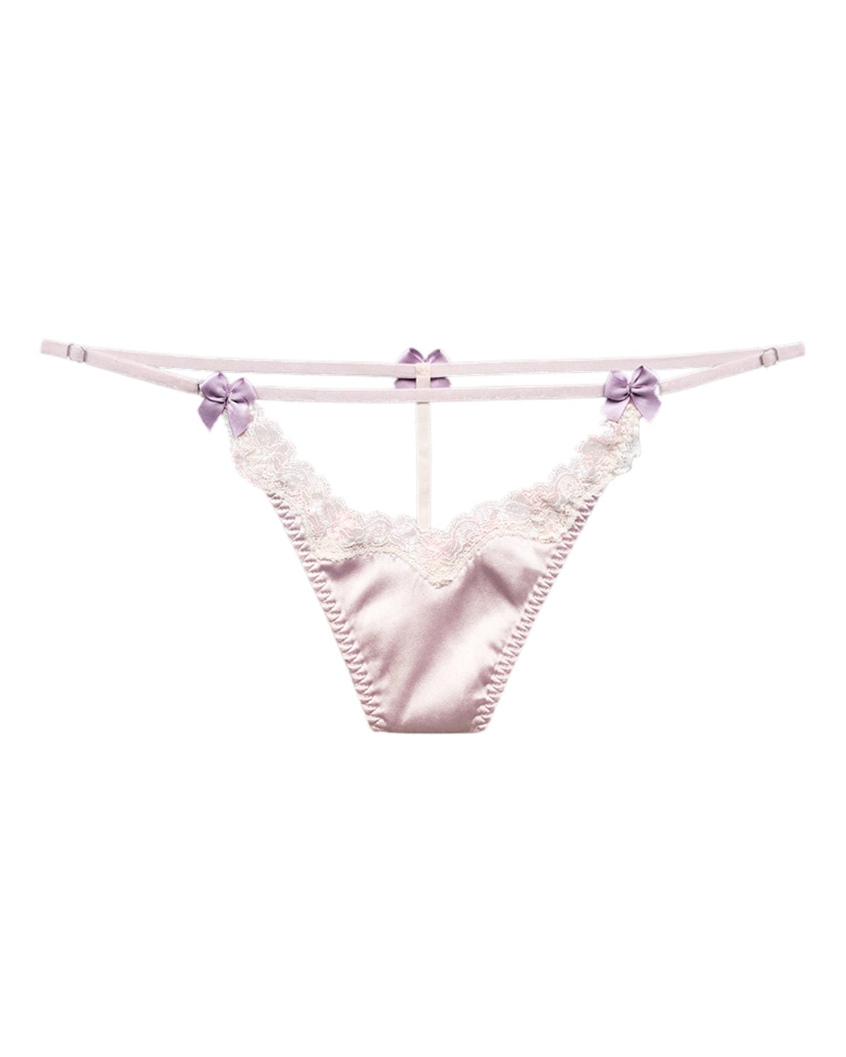 FEELITS SPA29 Mulberry Silk Embroidered Lace T-Back Thong – Low-Rise, Adjustable & Bow Detail - FEELITS