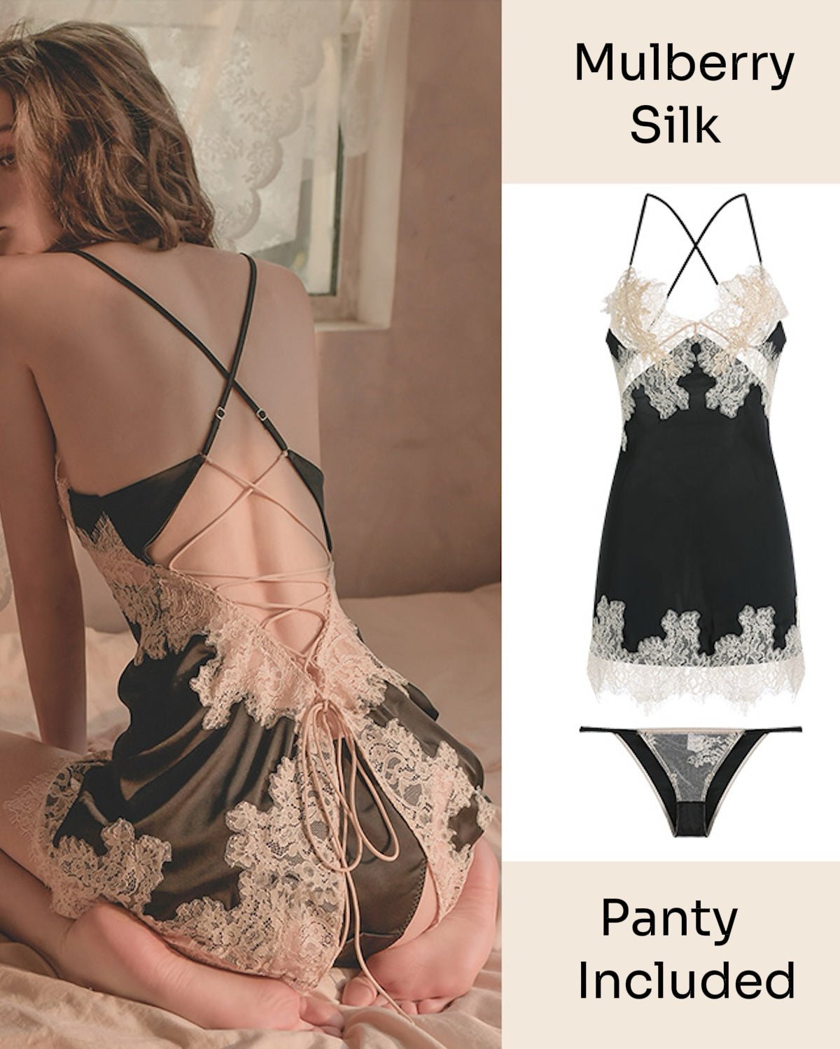 FEELITS PA12 Silk & Lace Backless Nightdress Set – Mulberry Silk Nightwear with Matching Panty - FEELITS