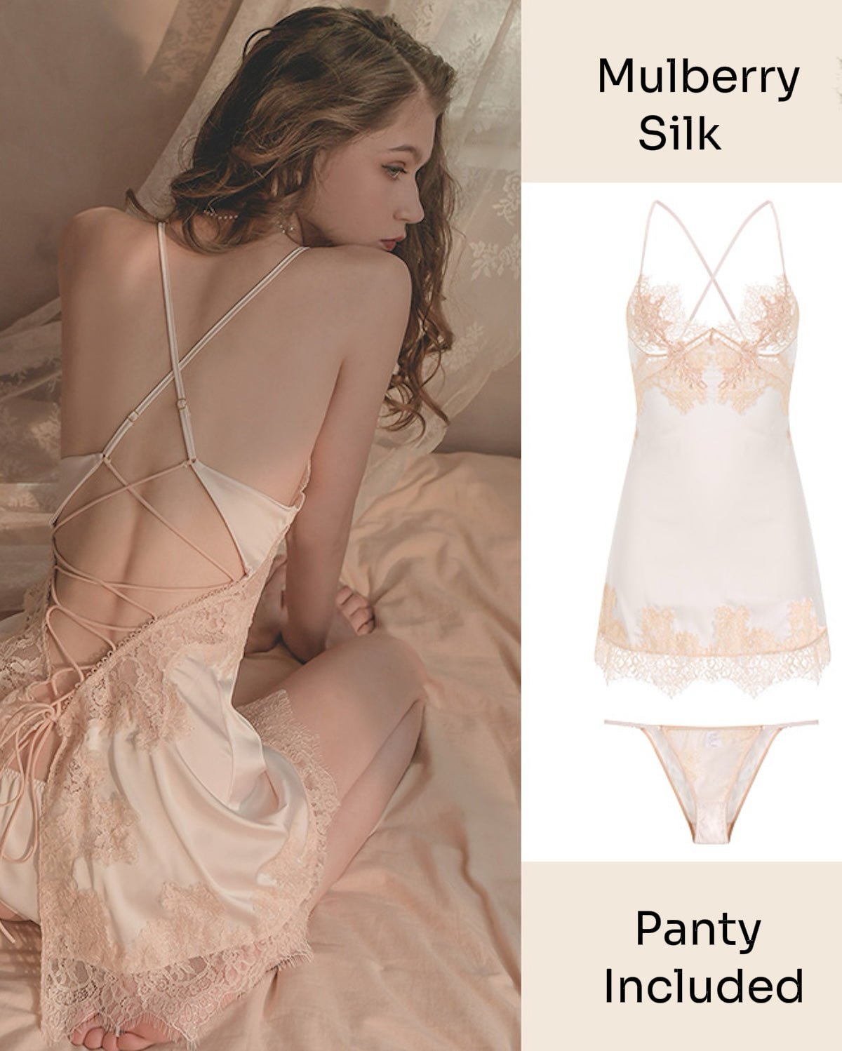FEELITS PA12 Silk & Lace Backless Nightdress Set – Mulberry Silk Nightwear with Matching Panty - FEELITS